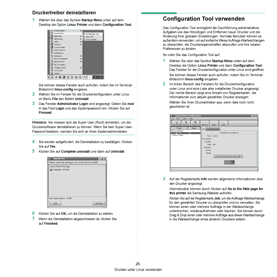 Samsung ML-2010 Series manual Configuration Tool verwenden, Druckertreiber deinstallieren 