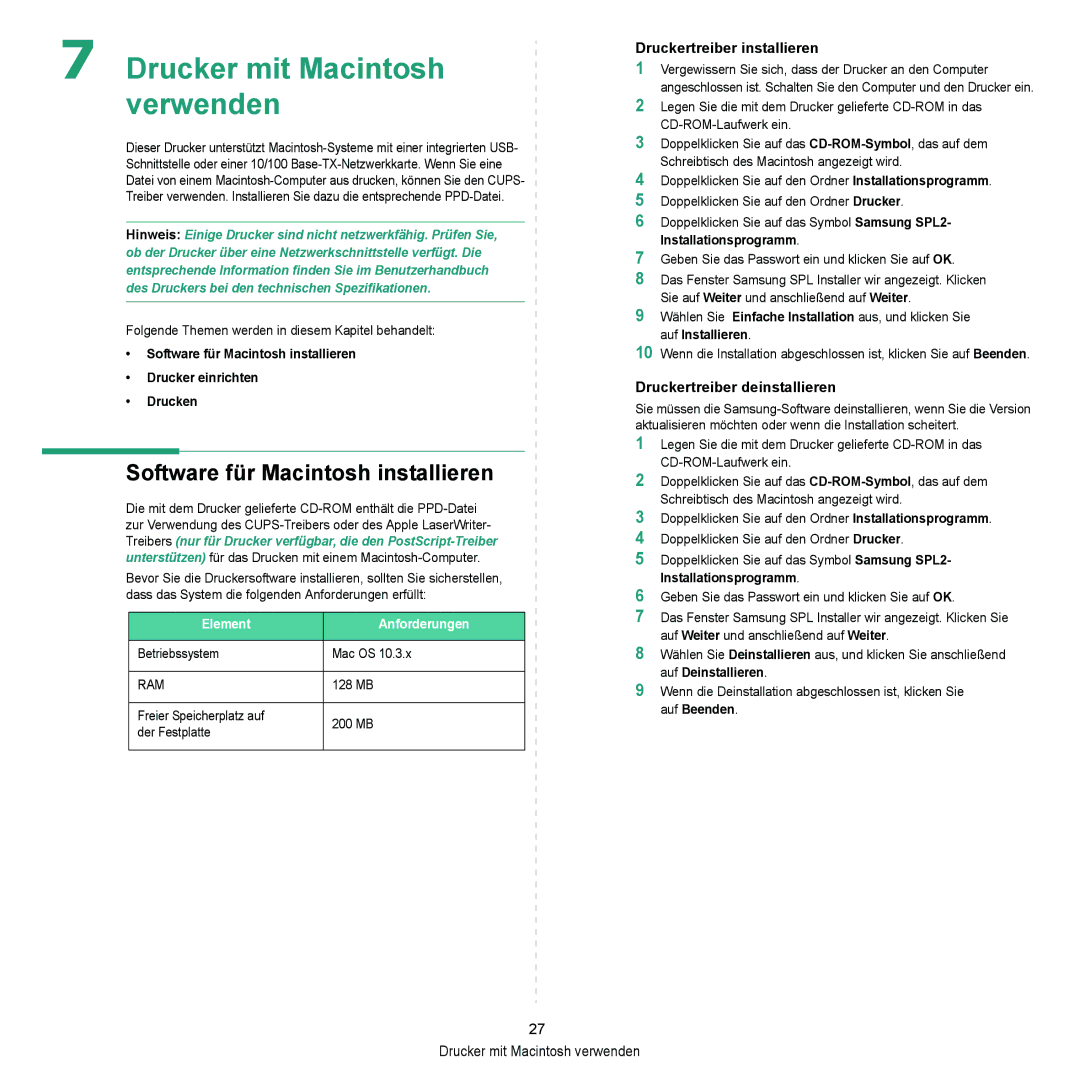 Samsung ML-2010 Series Software für Macintosh installieren, Druckertreiber installieren, Druckertreiber deinstallieren 