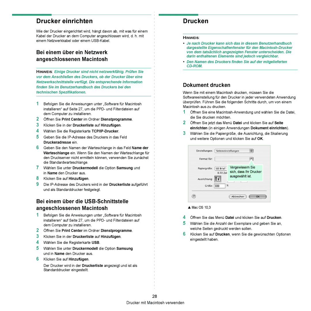 Samsung ML-2010 Series manual Drucker einrichten, Drucken, Bei einem über ein Netzwerk angeschlossenen Macintosh 