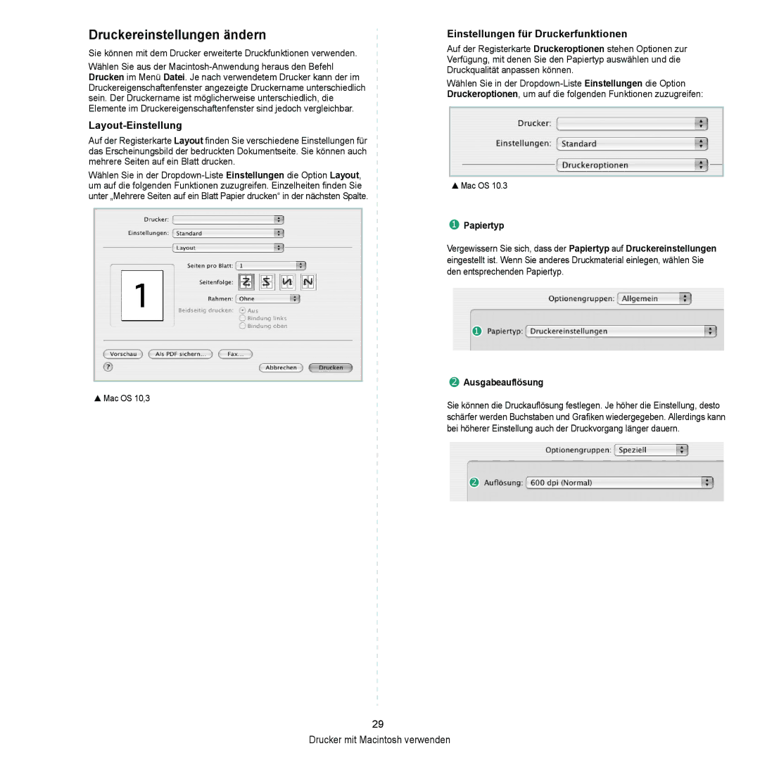 Samsung ML-2010 Series manual Druckereinstellungen ändern, Layout-Einstellung, Einstellungen für Druckerfunktionen 