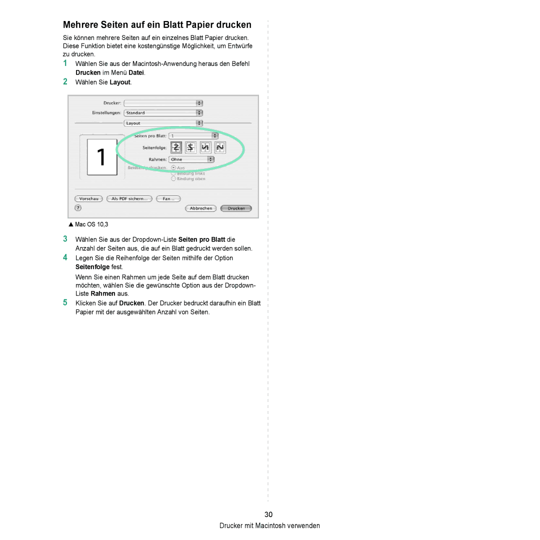 Samsung ML-2010 Series manual Mehrere Seiten auf ein Blatt Papier drucken, Drucken im Menü Datei 