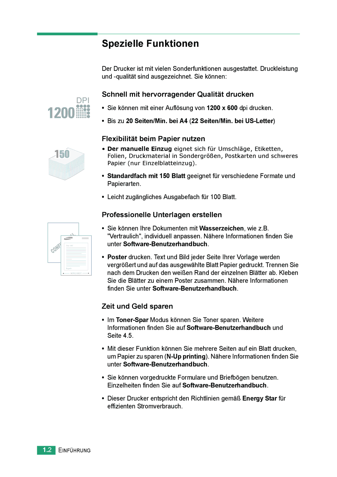 Samsung ML-2010 Series manual Spezielle Funktionen, Sie können mit einer Auflösung von 1200 x 600 dpi drucken 