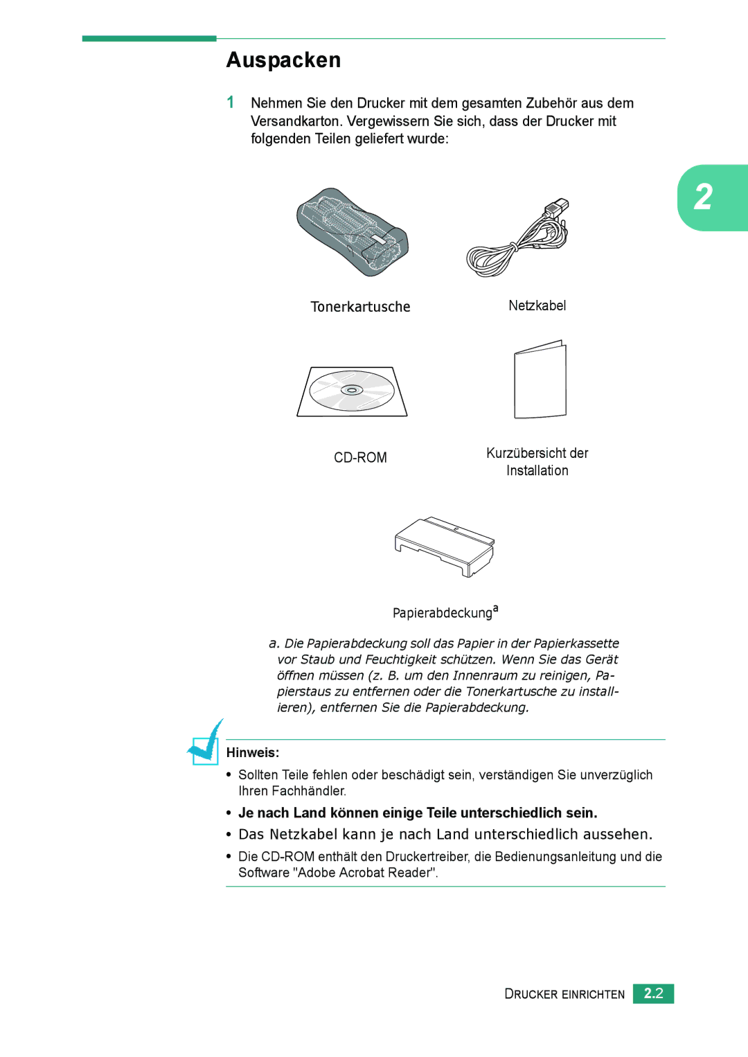 Samsung ML-2010 Series manual Auspacken, Hinweis, Je nach Land können einige Teile unterschiedlich sein 