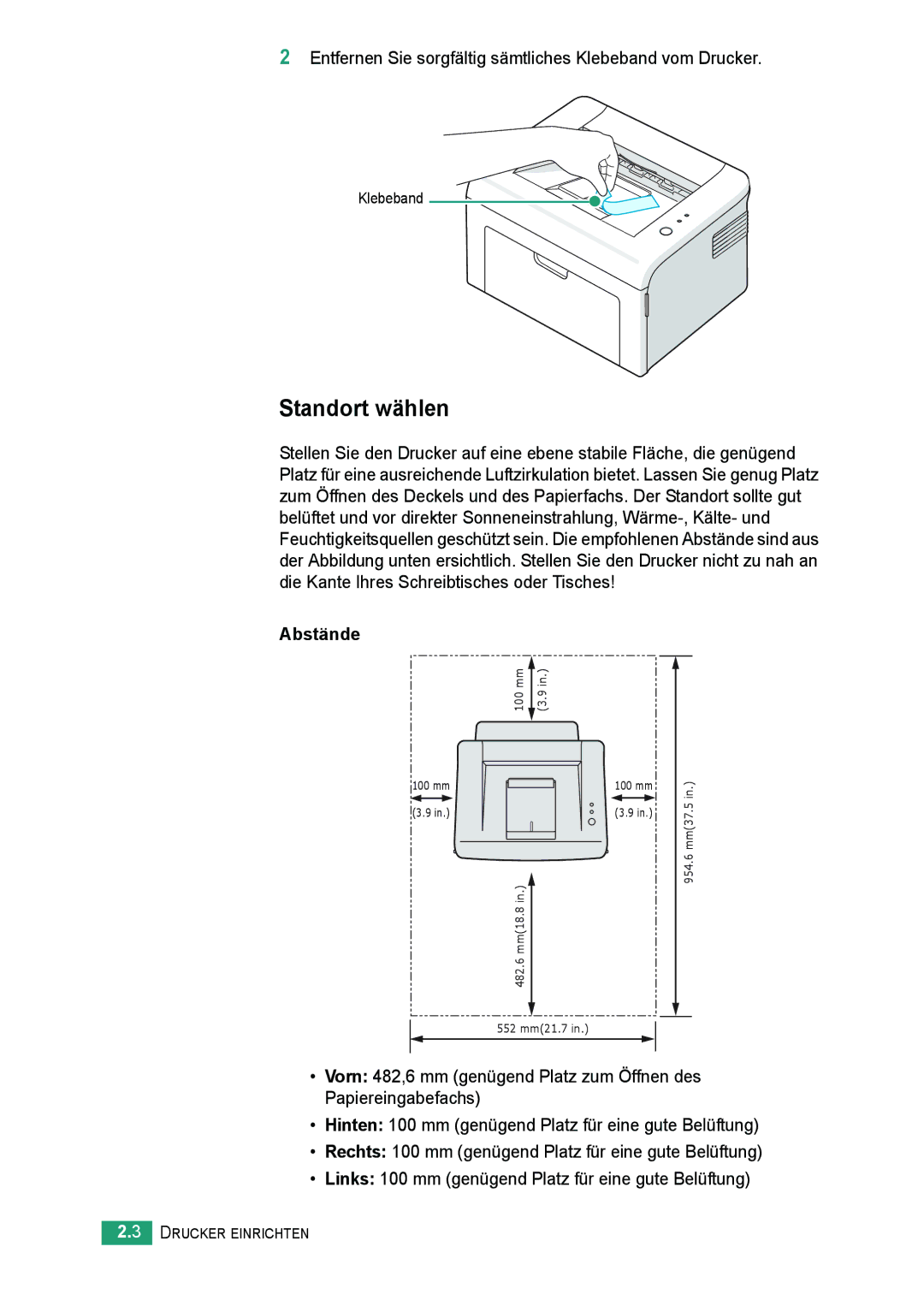 Samsung ML-2010 Series manual Standort wählen, Entfernen Sie sorgfältig sämtliches Klebeband vom Drucker, Abstände 