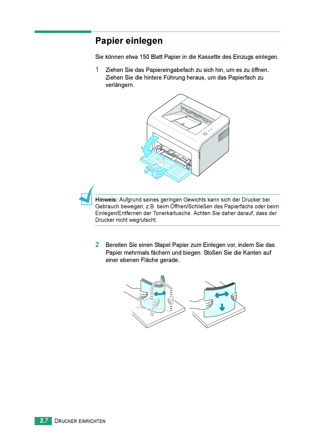 Samsung ML-2010 Series manual Papier einlegen 