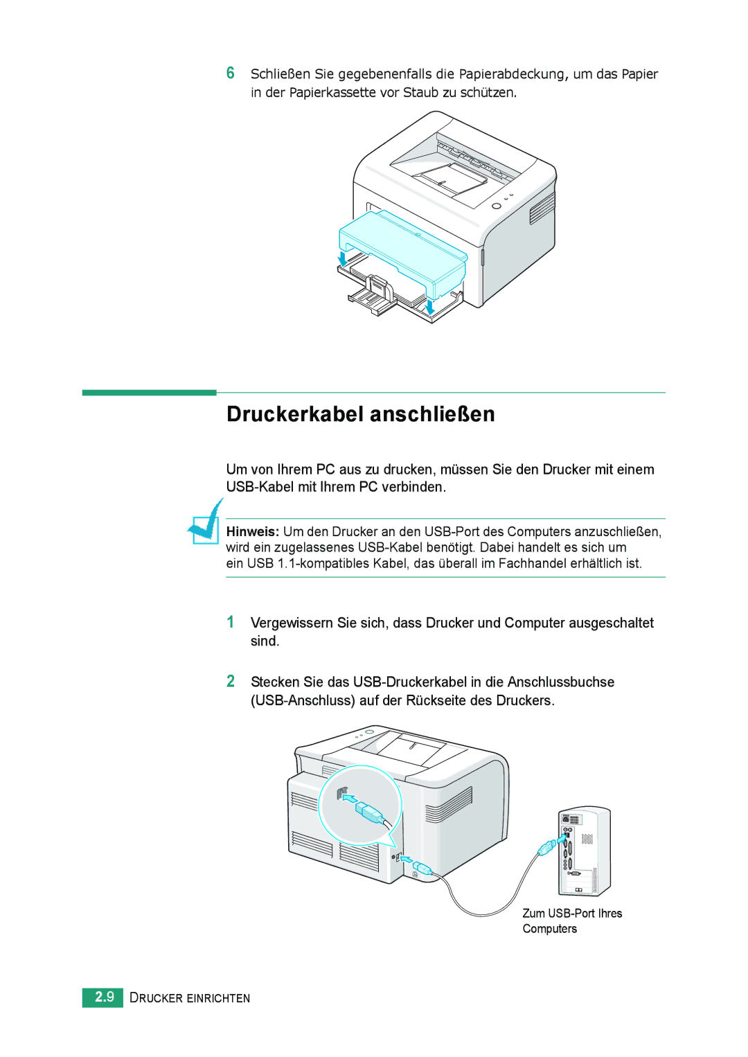 Samsung ML-2010 Series manual Druckerkabel anschließen 