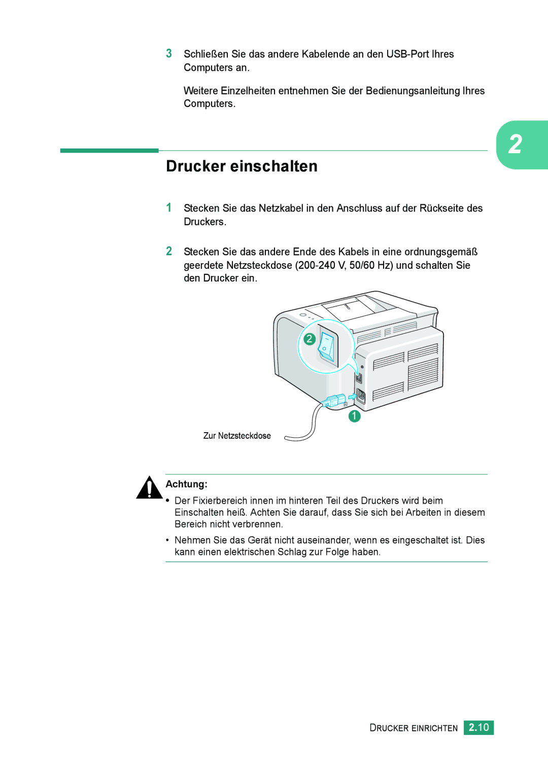 Samsung ML-2010 Series manual Drucker einschalten, Achtung 