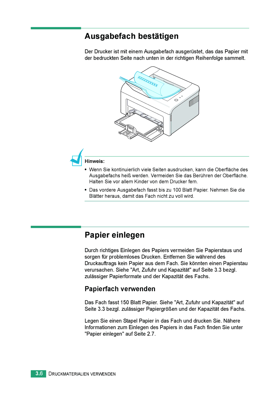 Samsung ML-2010 Series manual Ausgabefach bestätigen, Papierfach verwenden 