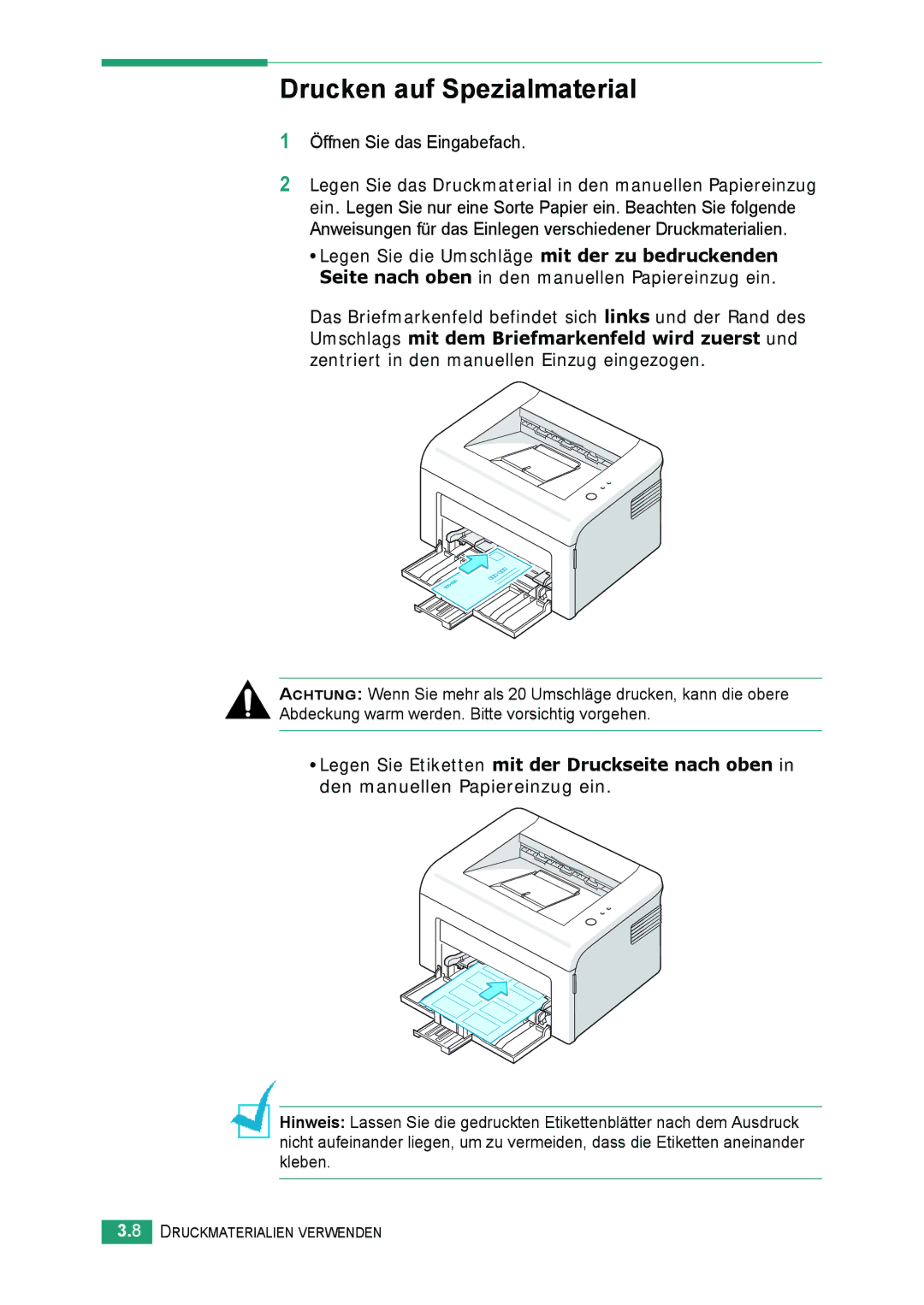 Samsung ML-2010 Series manual Drucken auf Spezialmaterial, Öffnen Sie das Eingabefach 