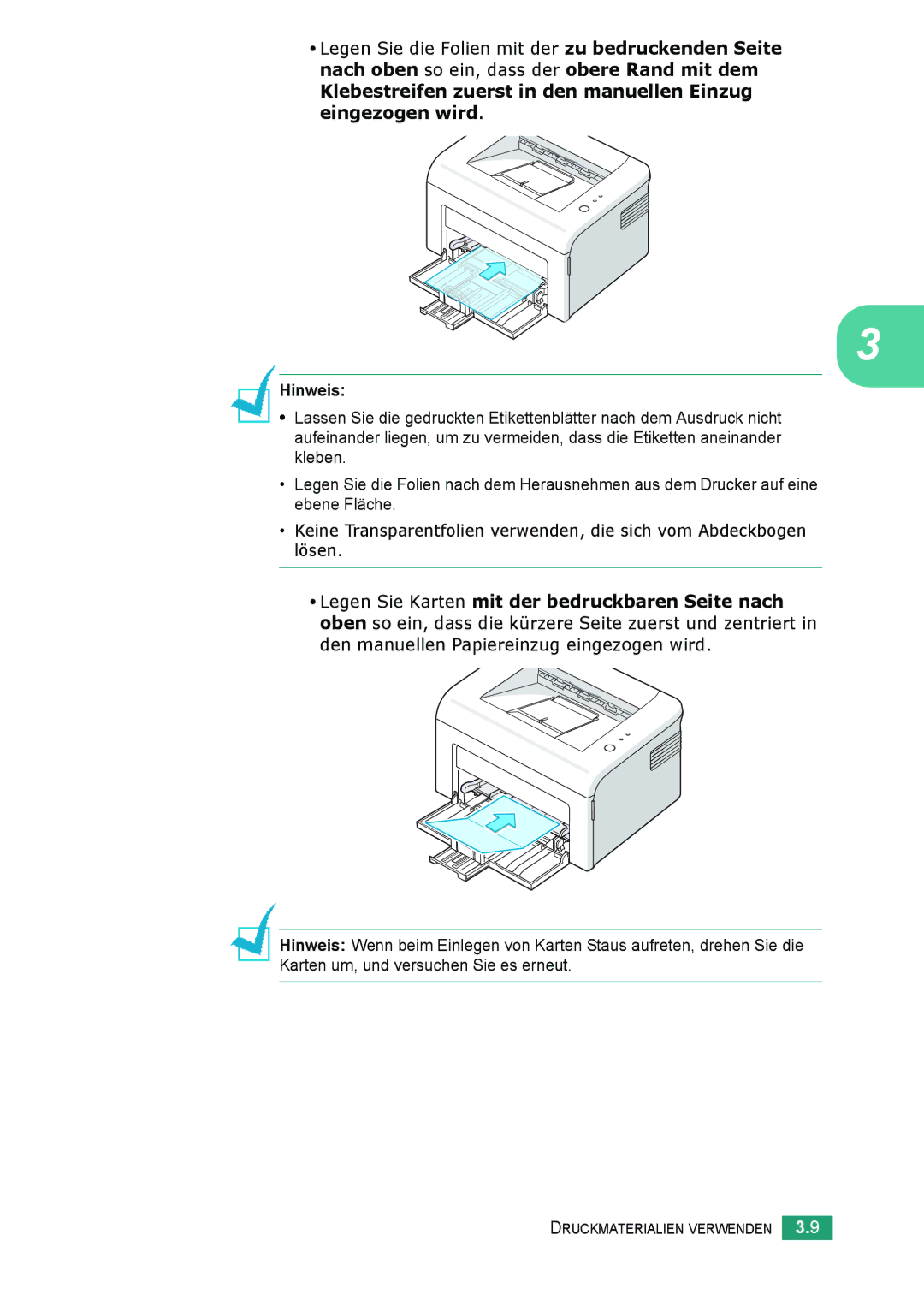 Samsung ML-2010 Series manual Klebestreifen zuerst in den manuellen Einzug eingezogen wird 