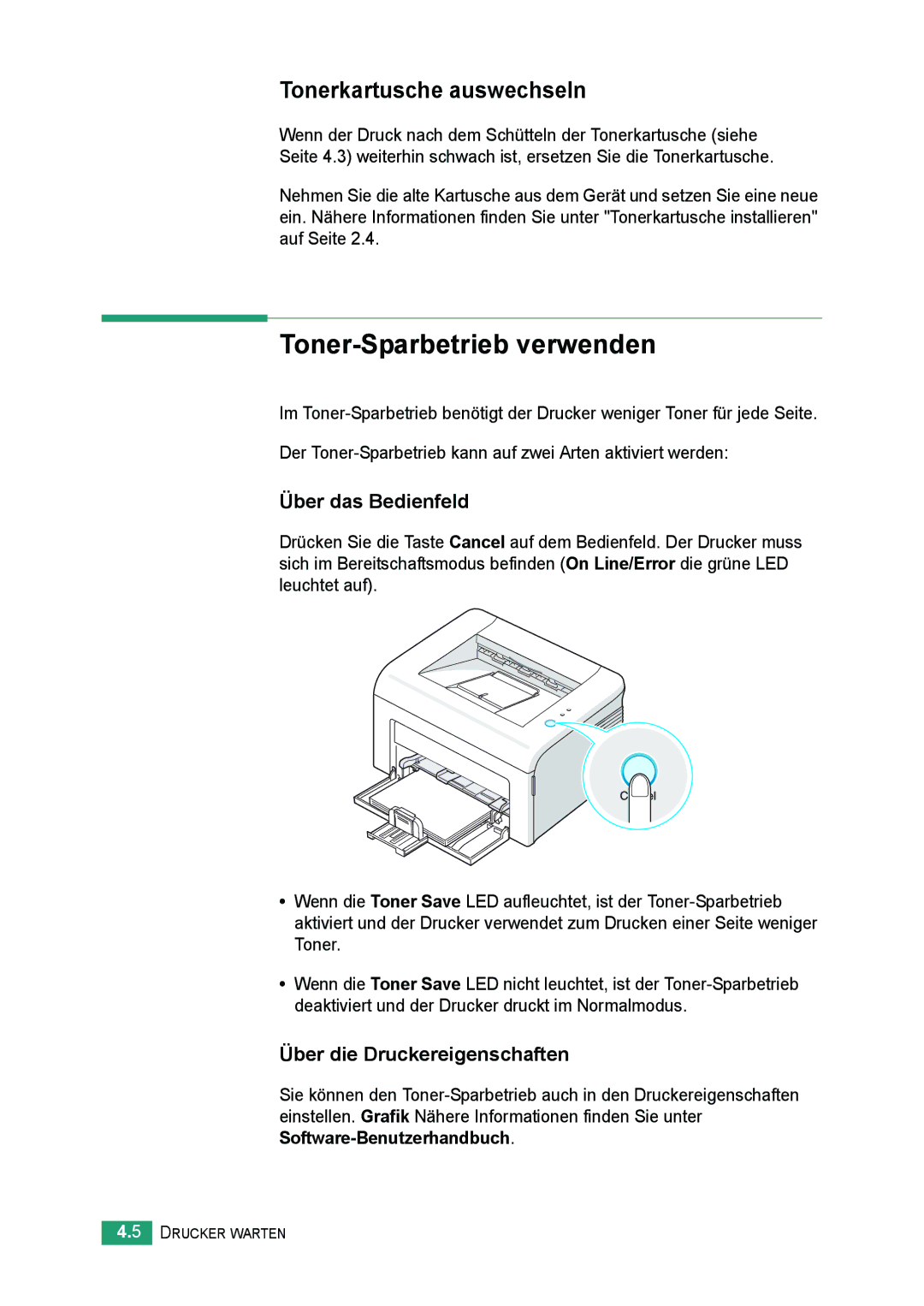 Samsung ML-2010 Series manual Toner-Sparbetrieb verwenden, Tonerkartusche auswechseln 