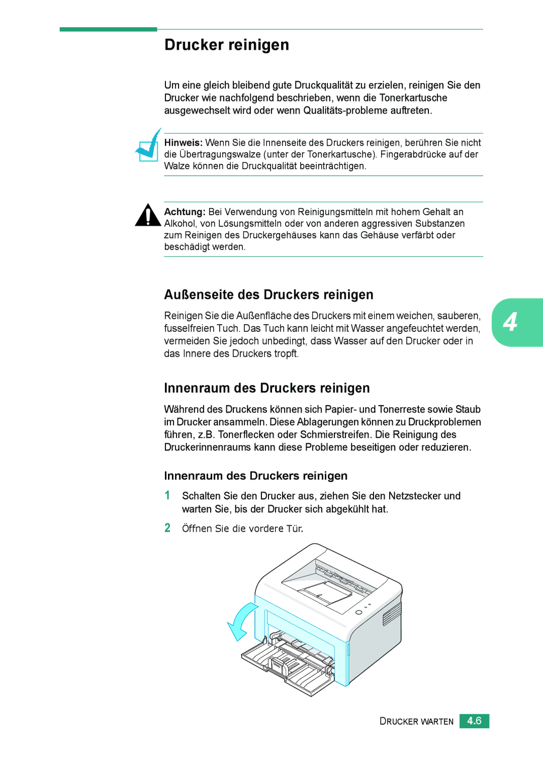 Samsung ML-2010 Series manual Drucker reinigen, Außenseite des Druckers reinigen, Innenraum des Druckers reinigen 