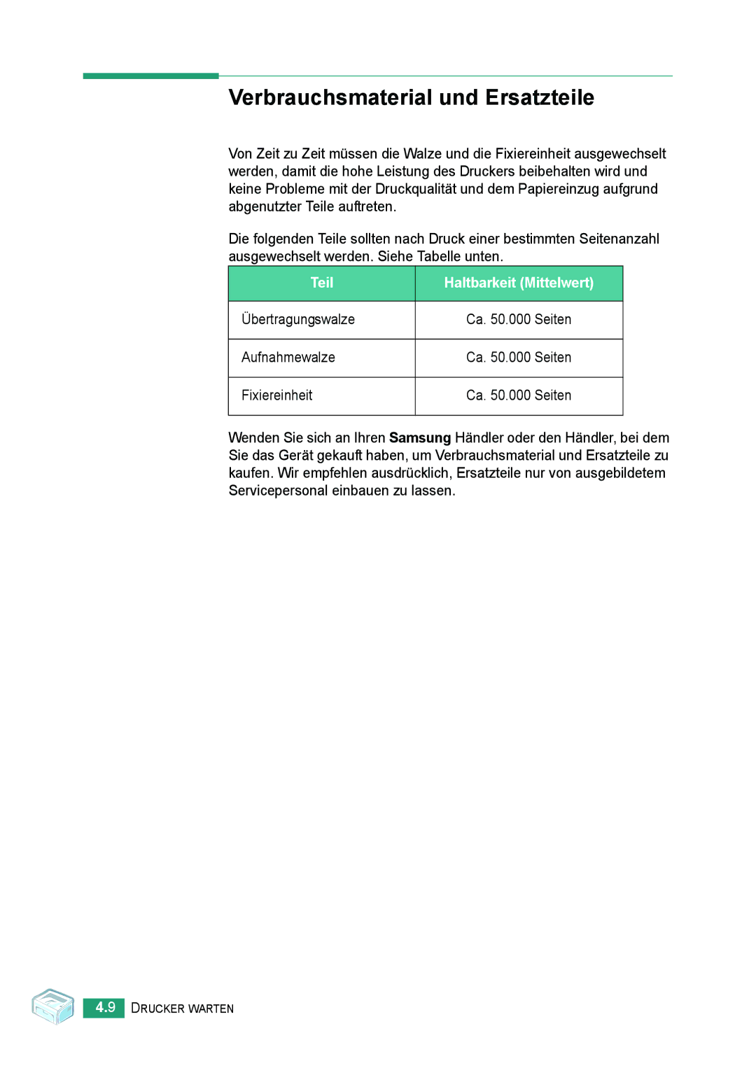 Samsung ML-2010 Series Verbrauchsmaterial und Ersatzteile, Teil Haltbarkeit Mittelwert, Übertragungswalze, Aufnahmewalze 