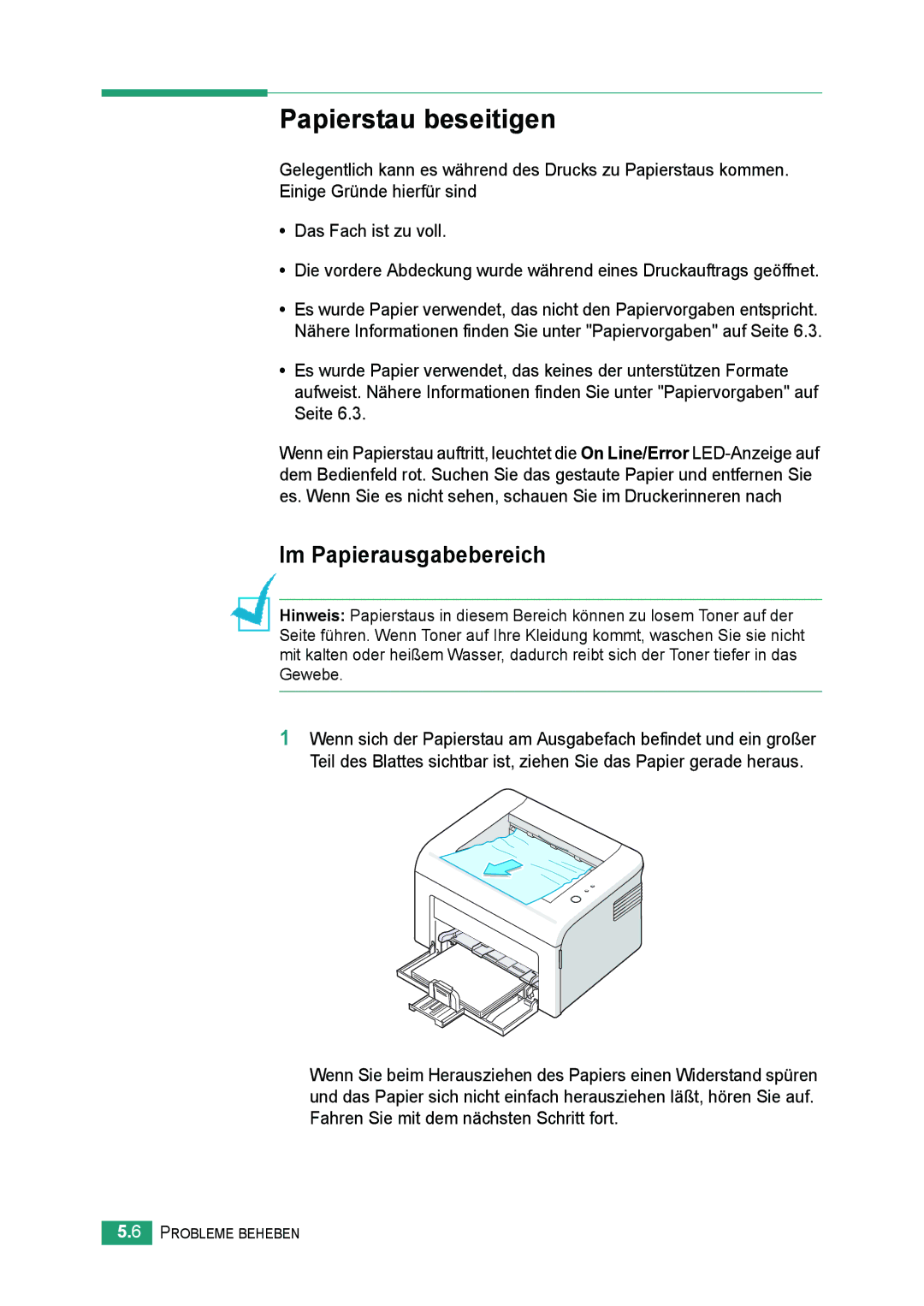 Samsung ML-2010 Series manual Papierstau beseitigen, Im Papierausgabebereich 