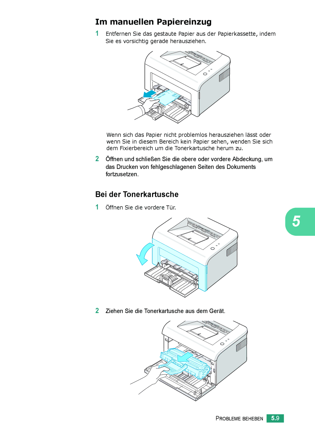 Samsung ML-2010 Series manual Bei der Tonerkartusche, Ziehen Sie die Tonerkartusche aus dem Gerät 