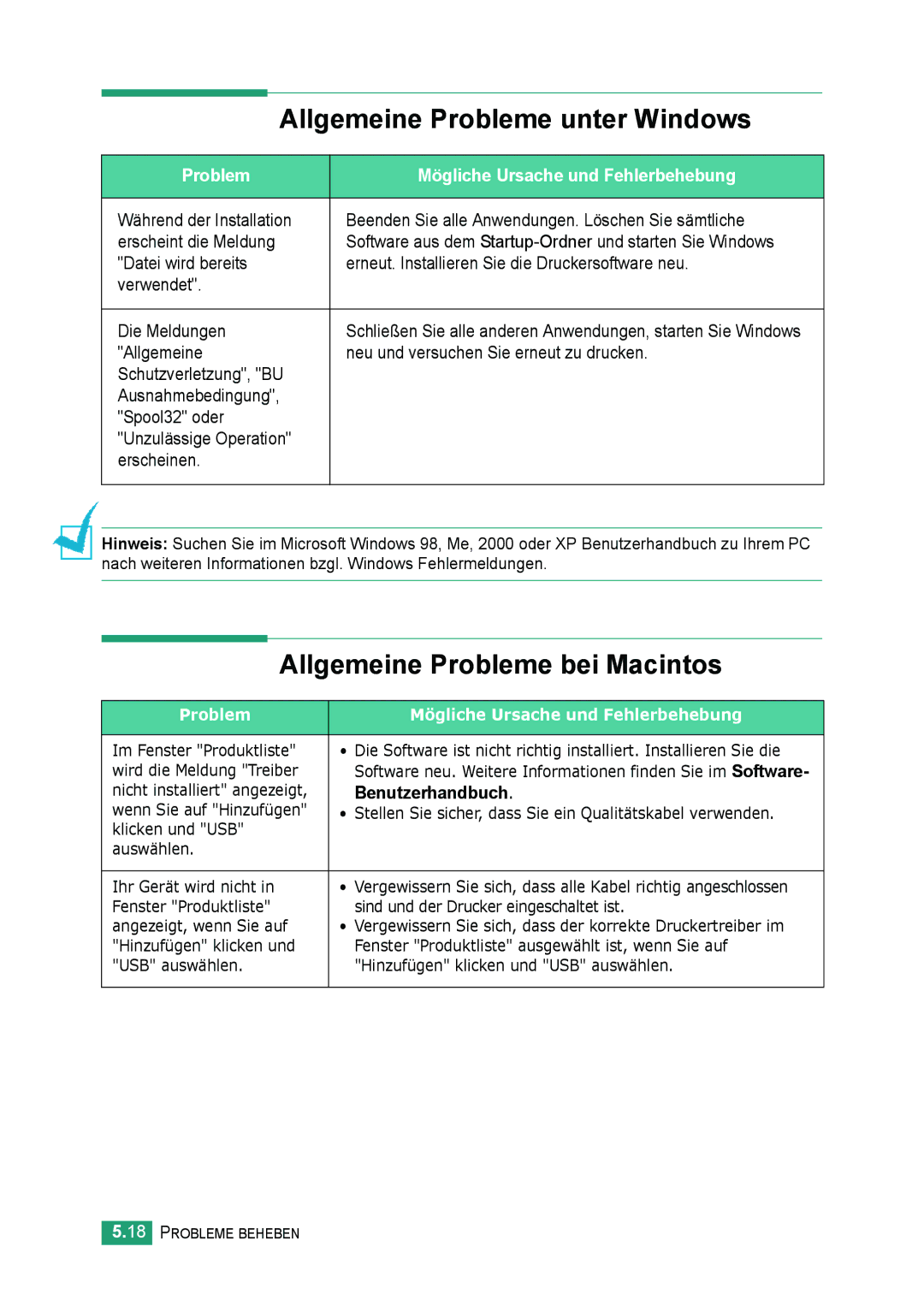 Samsung ML-2010 Series manual Allgemeine Probleme unter Windows, Allgemeine Probleme bei Macintos 