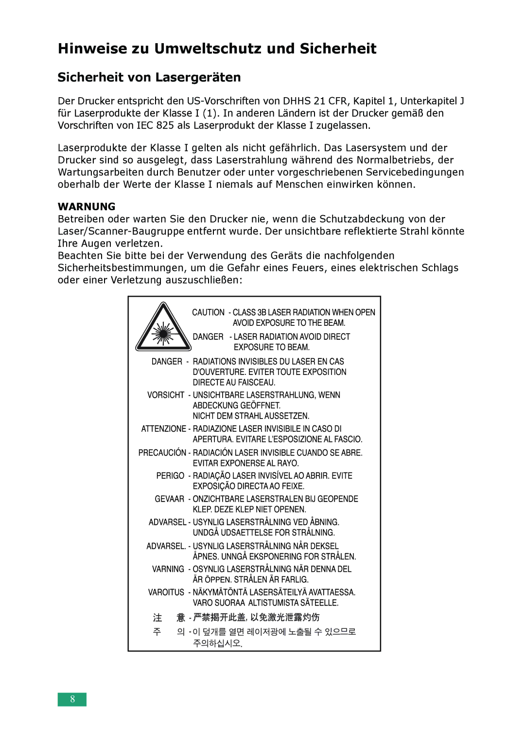 Samsung ML-2010 Series manual Hinweise zu Umweltschutz und Sicherheit 