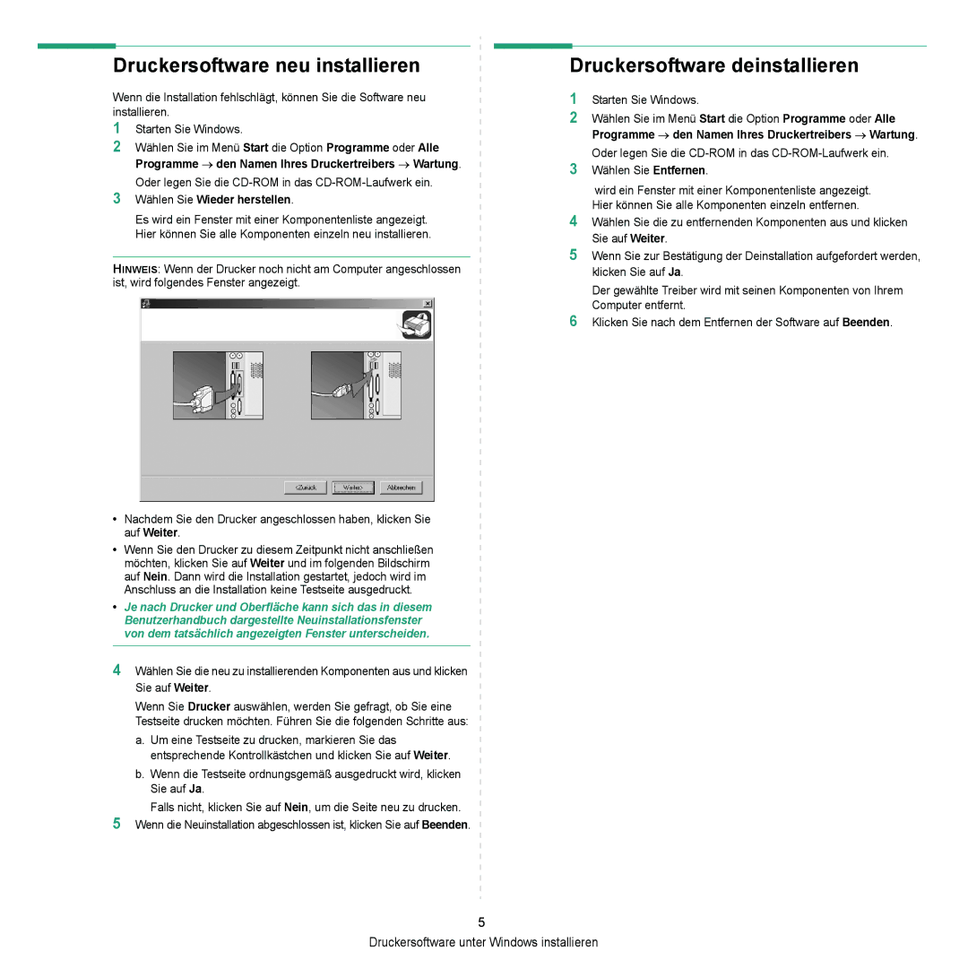 Samsung ML-2010 Series manual Druckersoftware neu installieren, Druckersoftware deinstallieren 