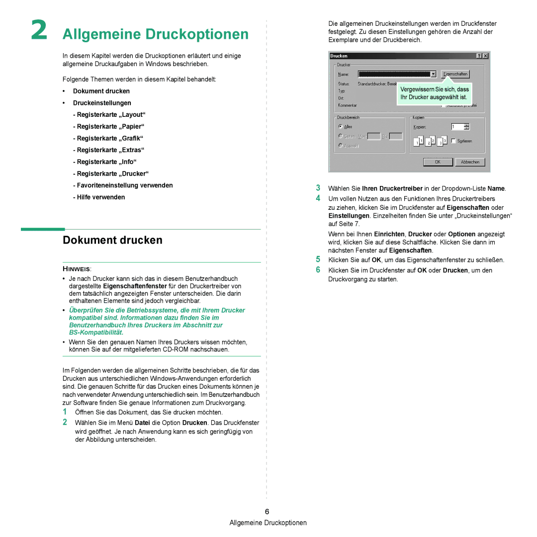 Samsung ML-2010 Series manual Dokument drucken, Allgemeine Druckoptionen 