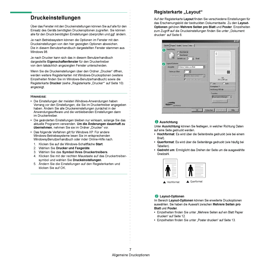 Samsung ML-2010 Series manual Druckeinstellungen, Registerkarte „Layout 