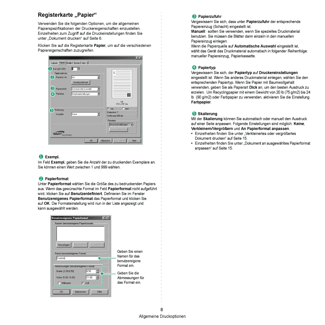 Samsung ML-2010 Series manual Registerkarte „Papier, Exempl 