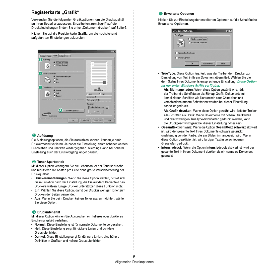 Samsung ML-2010 Series manual Registerkarte „Grafik, Auflösung 