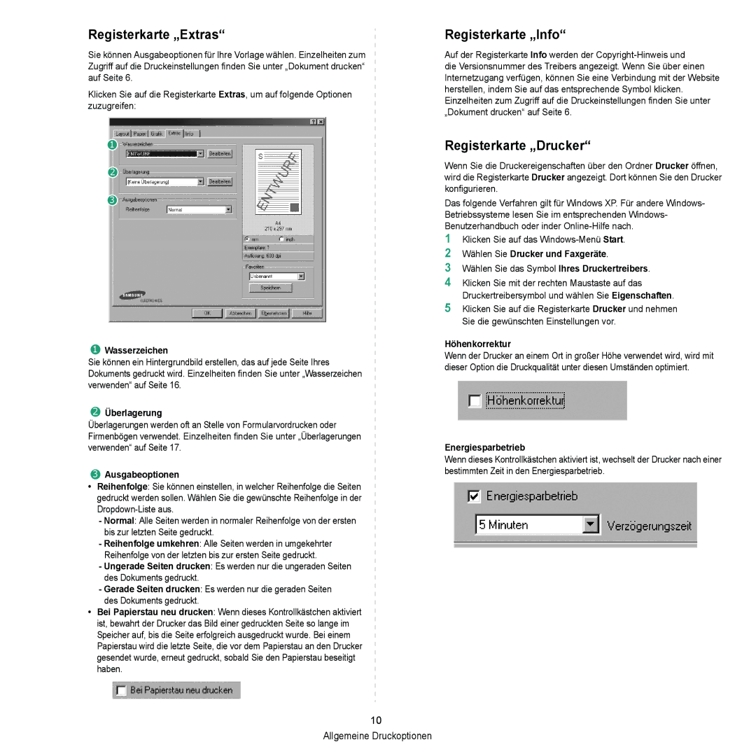 Samsung ML-2010 Series manual Registerkarte „Extras, Registerkarte „Info, Registerkarte „Drucker 