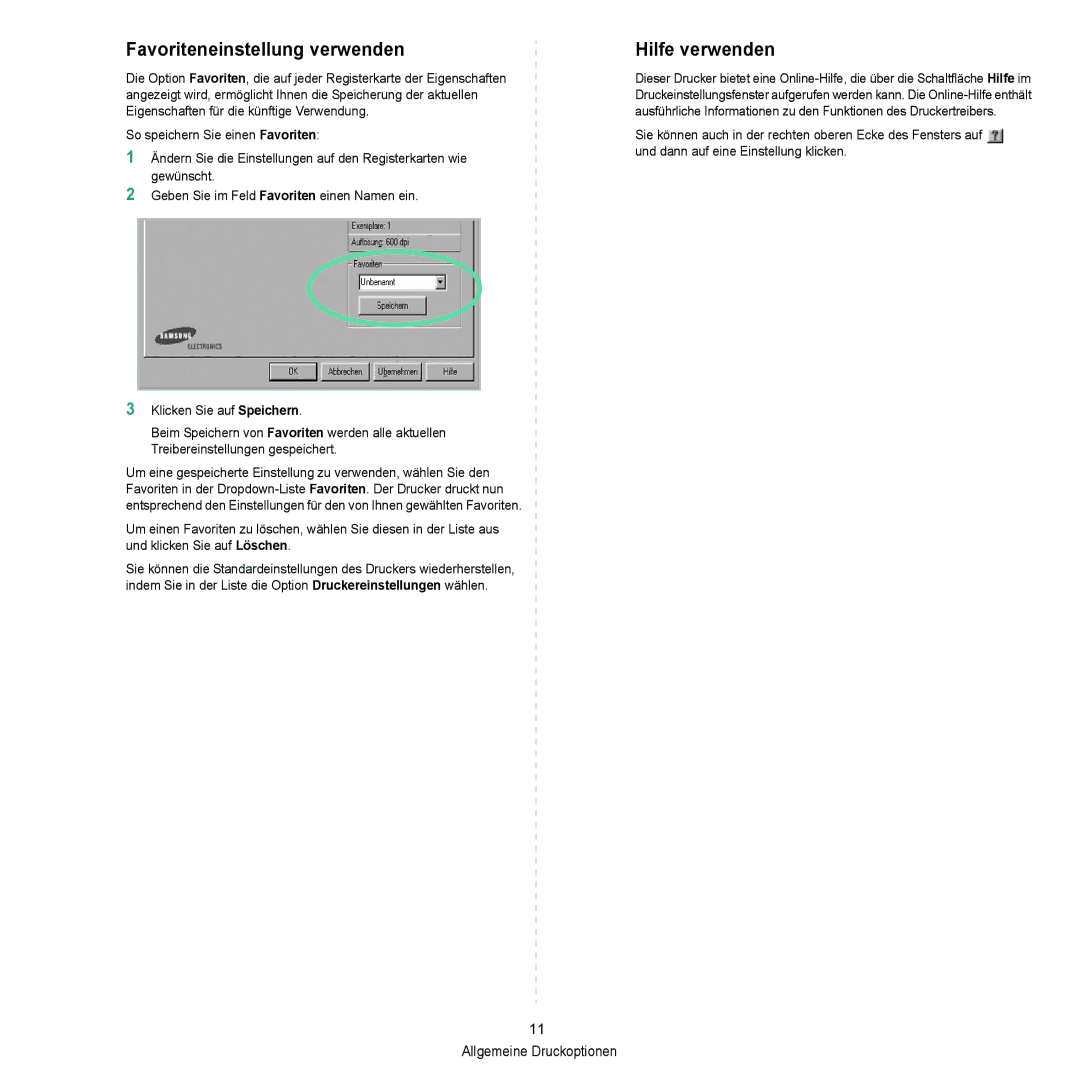 Samsung ML-2010 Series manual Favoriteneinstellung verwenden, Hilfe verwenden 