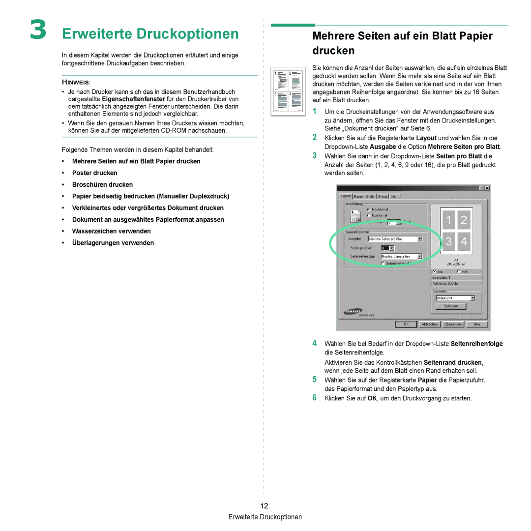 Samsung ML-2010 Series manual Mehrere Seiten auf ein Blatt Papier drucken, Erweiterte Druckoptionen 