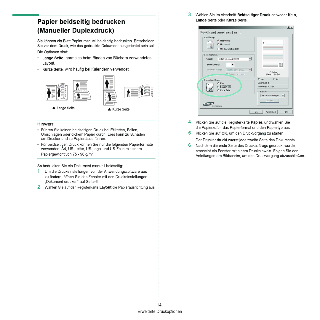 Samsung ML-2010 Series manual Papier beidseitig bedrucken Manueller Duplexdruck 