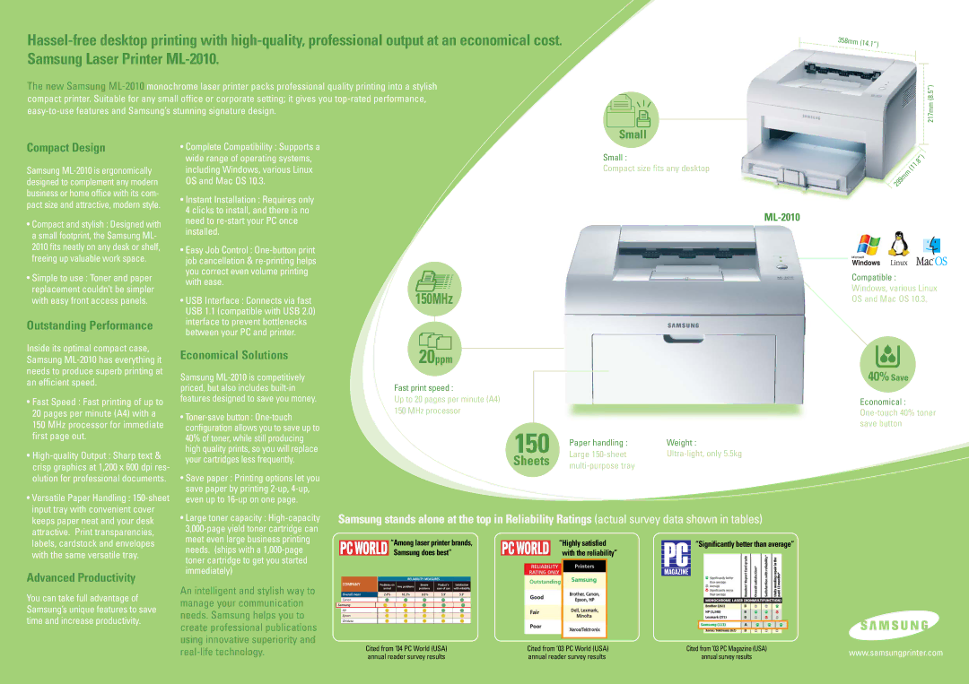 Samsung ML-2010 specifications Compact Design, Outstanding Performance, Economical Solutions, Advanced Productivity 