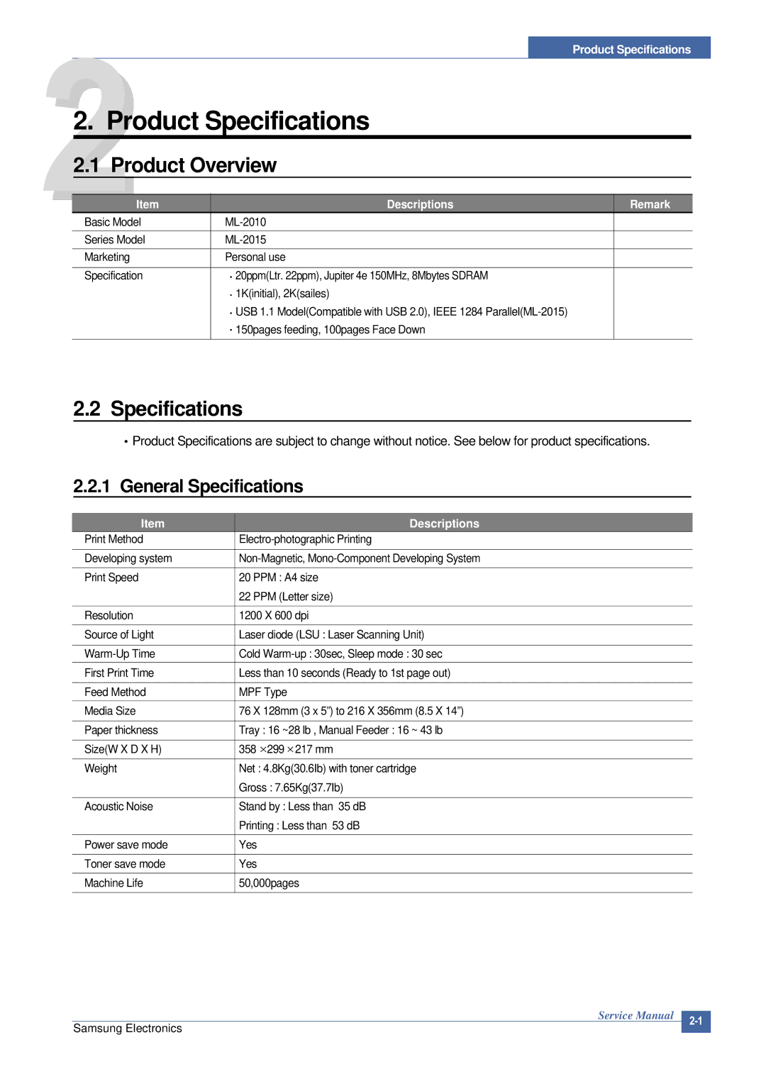 Samsung ML-2015/XEV manual Product Overview, General Specifications 