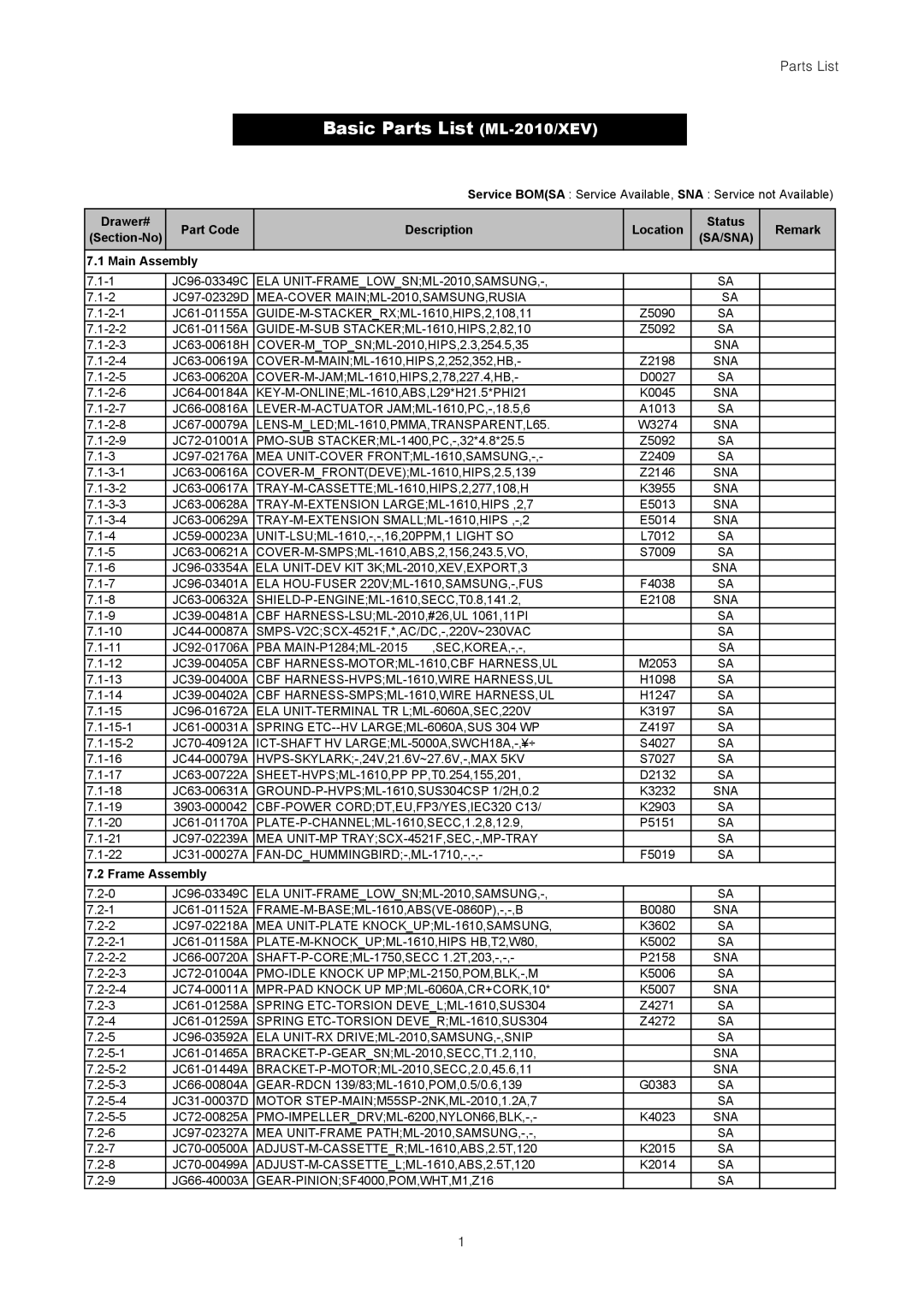 Samsung ML-2015/XEV manual Basic Parts List ML-2010/XEV 