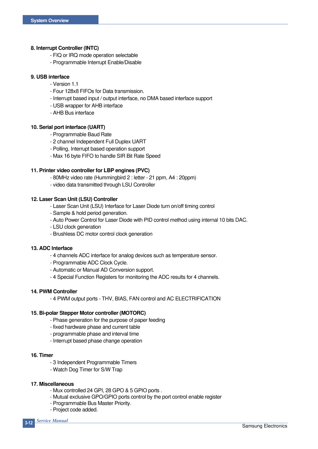 Samsung ML-2015/XEV Interrupt Controller Intc, USB interface, Serial port interface Uart, Laser Scan Unit LSU Controller 