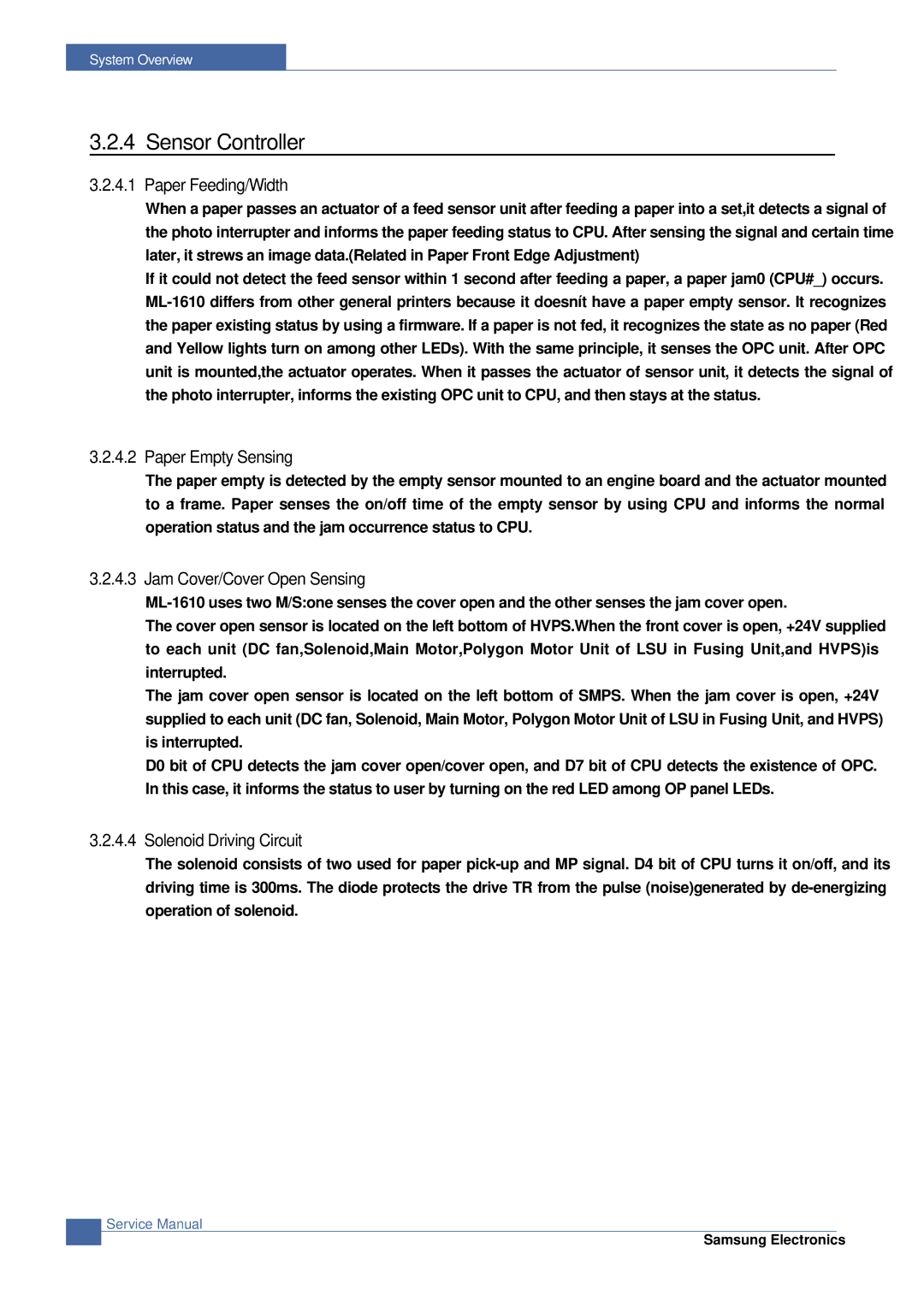 Samsung ML-2015/XEV manual Sensor Controller, Paper Feeding/Width 