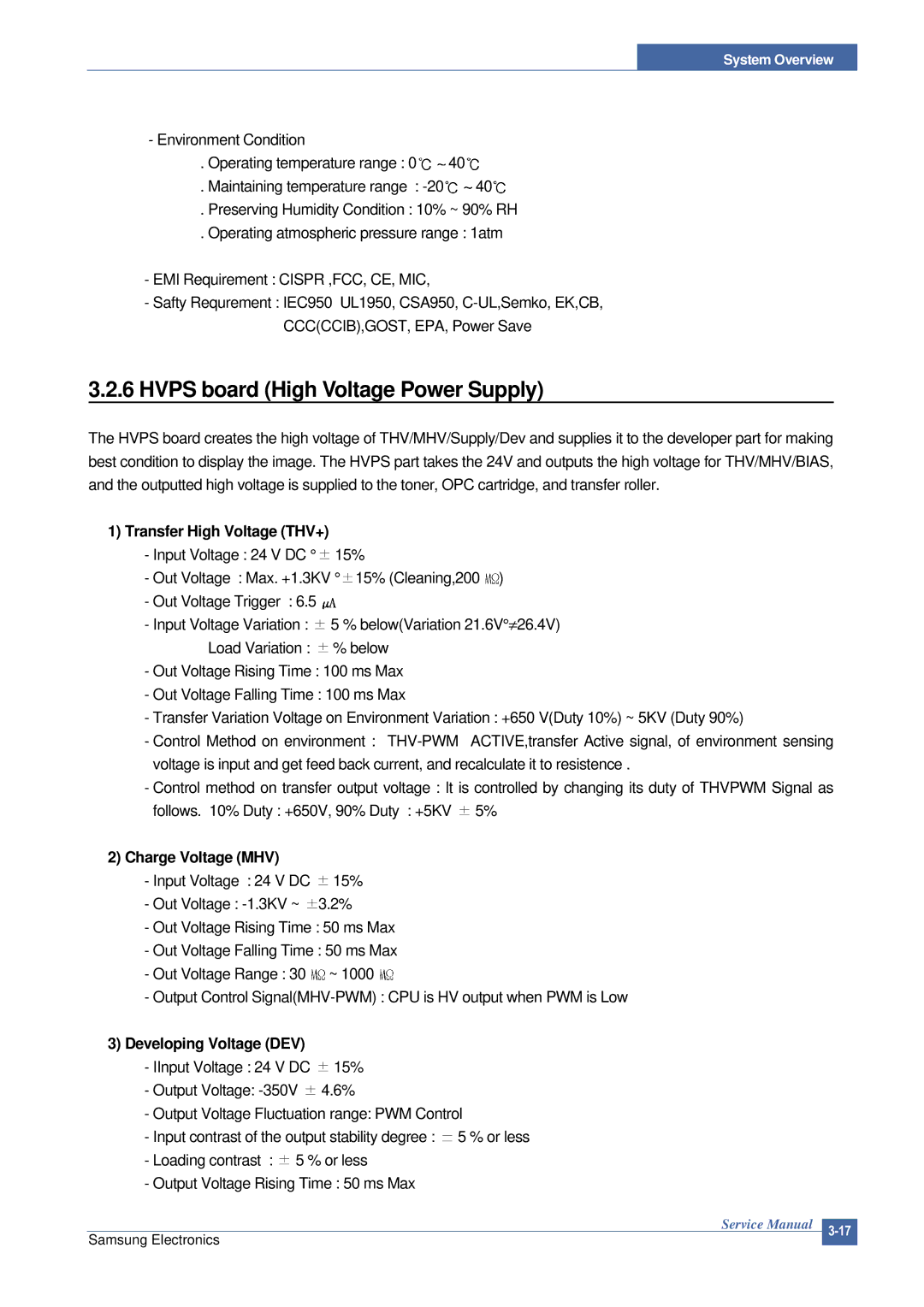 Samsung ML-2015/XEV manual Hvps board High Voltage Power Supply, Transfer High Voltage THV+, Charge Voltage MHV 