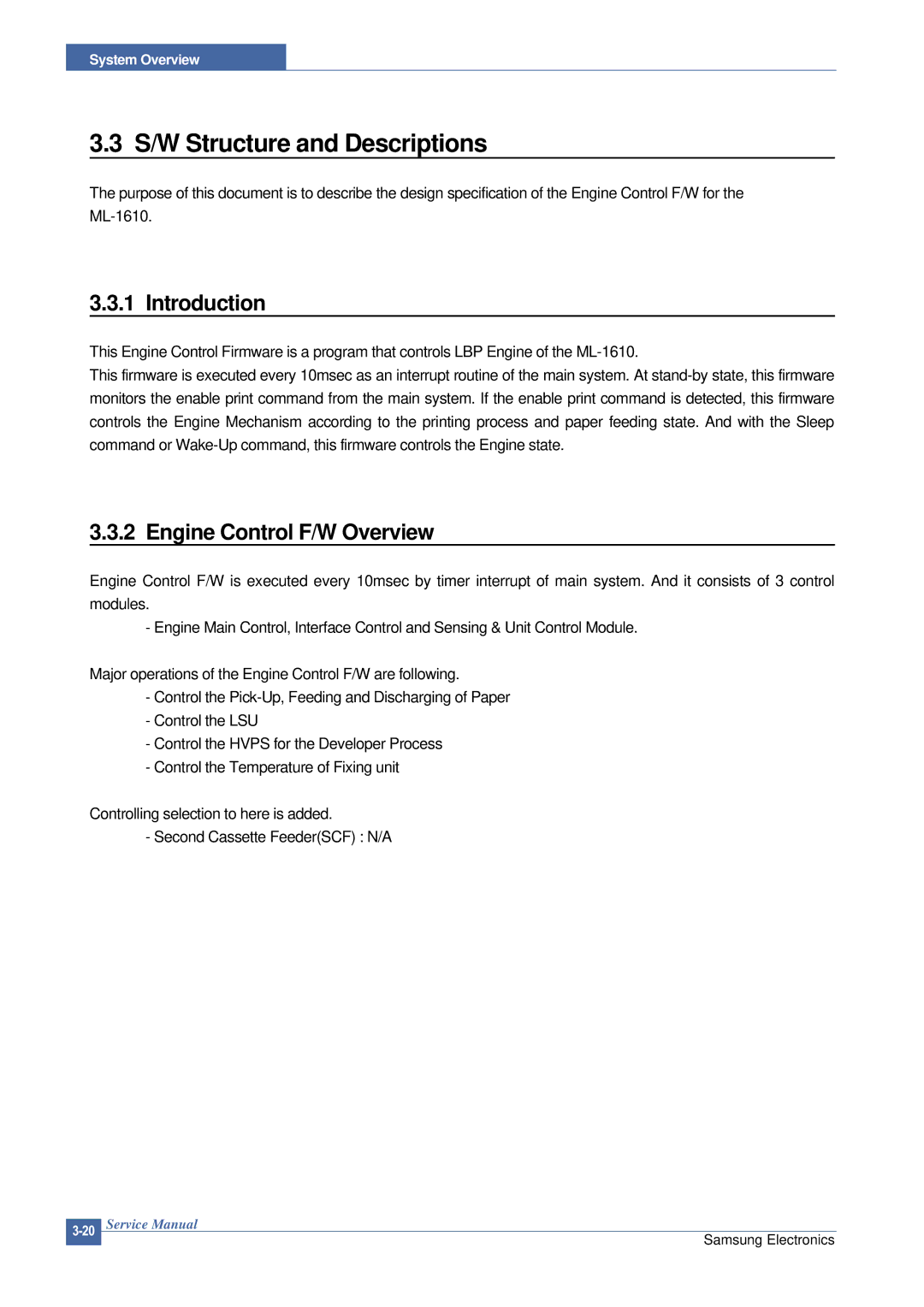 Samsung ML-2015/XEV manual S/W Structure and Descriptions, Introduction, Engine Control F/W Overview 