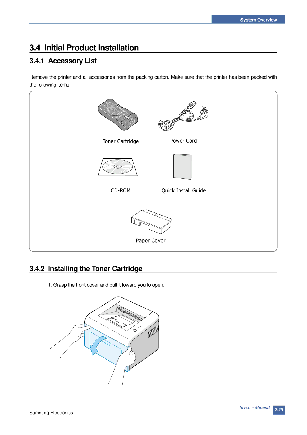 Samsung ML-2015/XEV manual Initial Product Installation, Accessory List, Installing the Toner Cartridge 