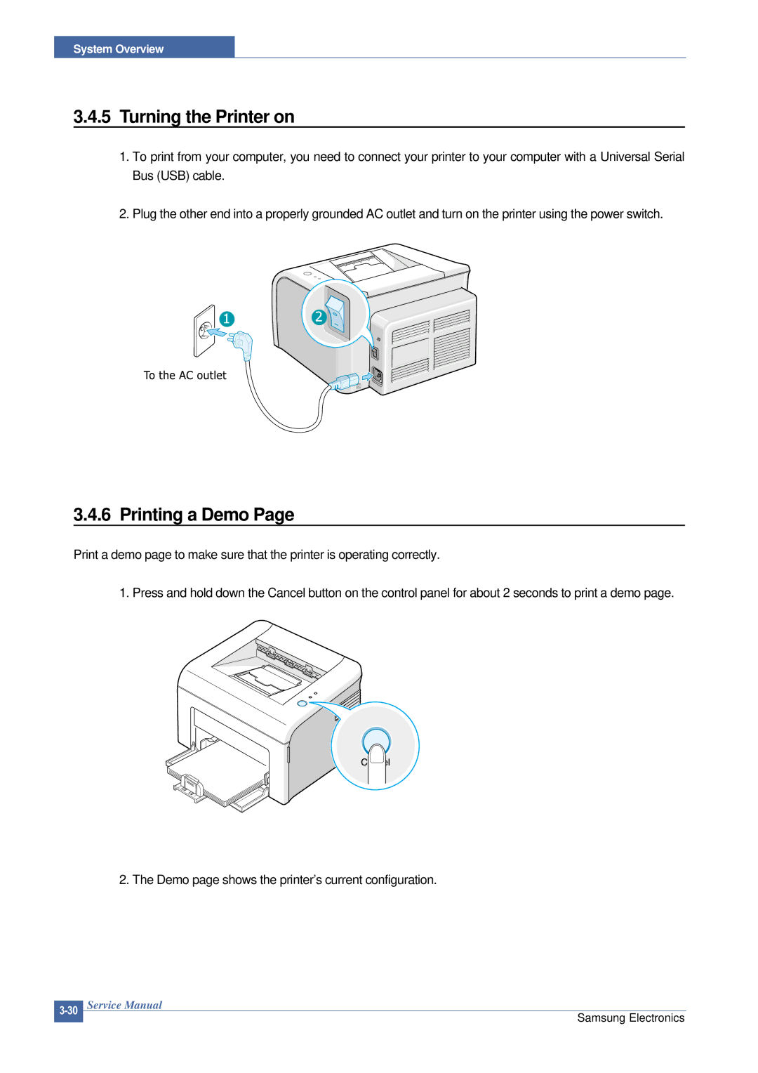 Samsung ML-2015/XEV manual Turning the Printer on, Printing a Demo 