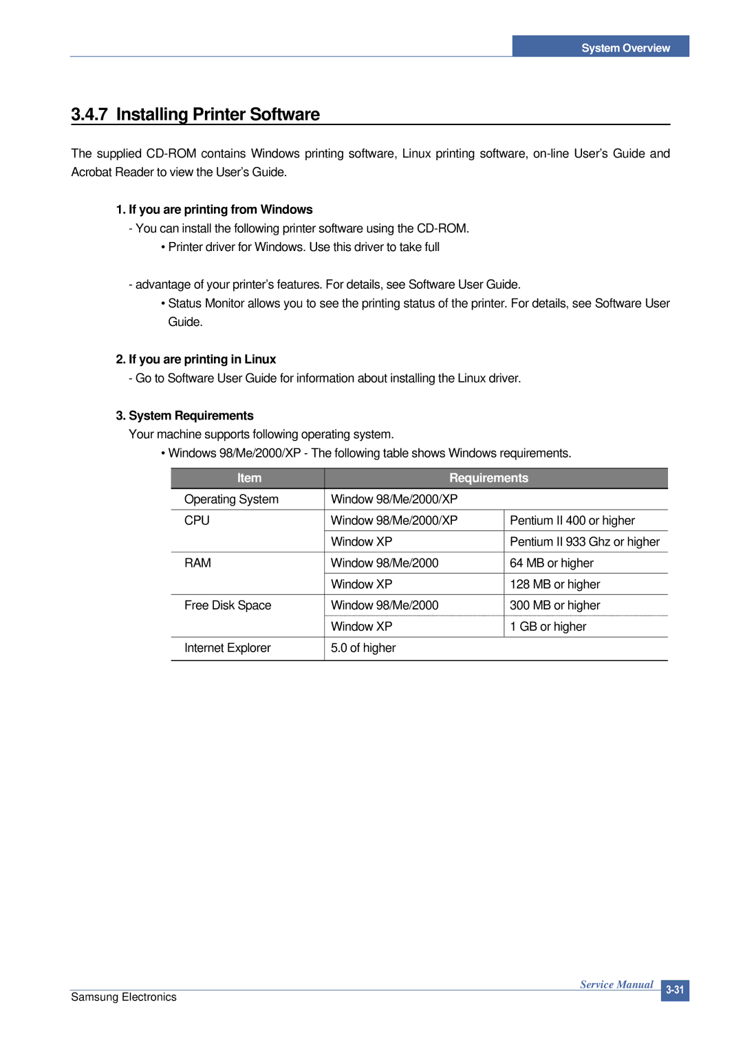 Samsung ML-2015/XEV manual Installing Printer Software, If you are printing from Windows, If you are printing in Linux 