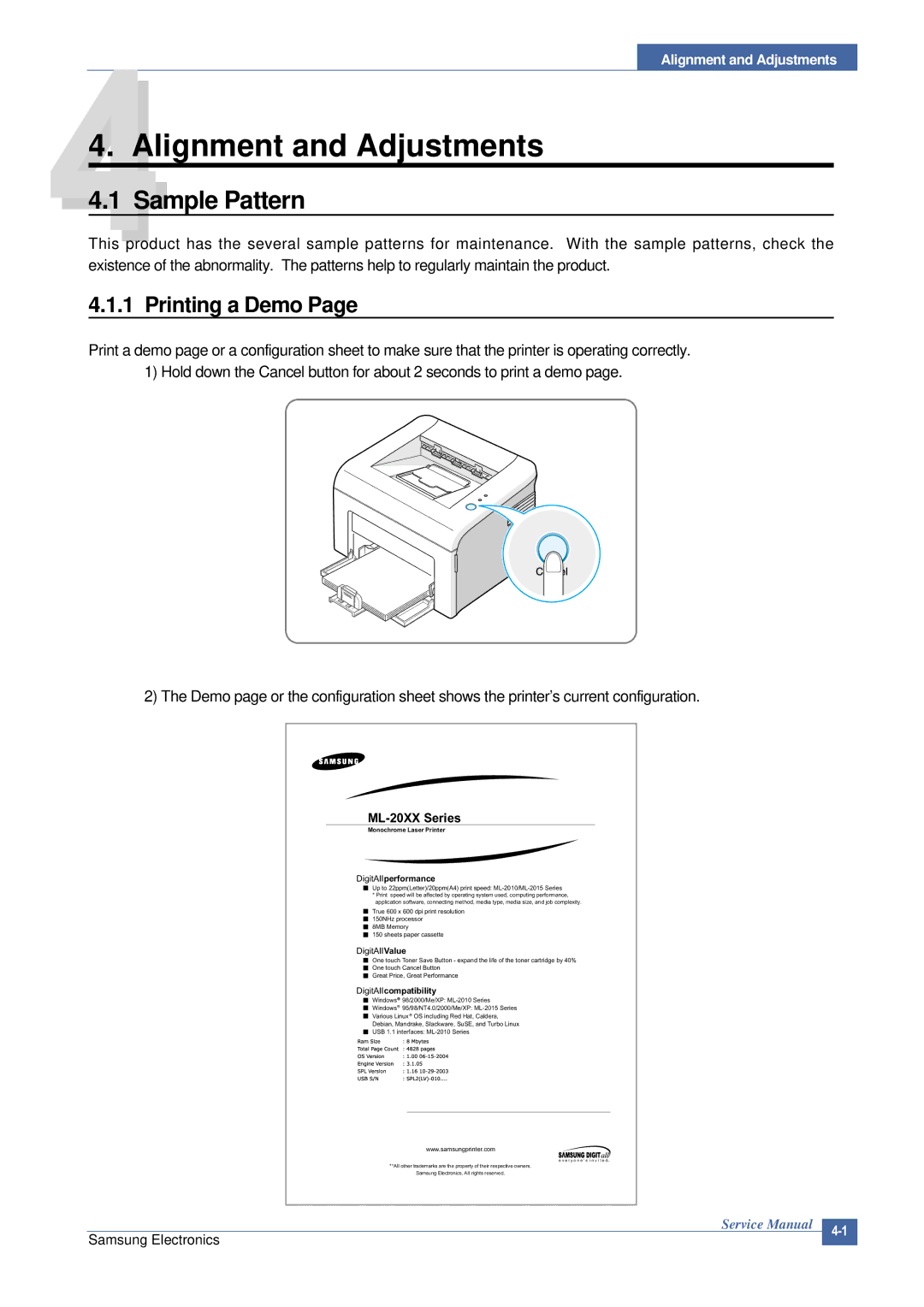 Samsung ML-2015/XEV manual Alignment and Adjustments, Sample Pattern 