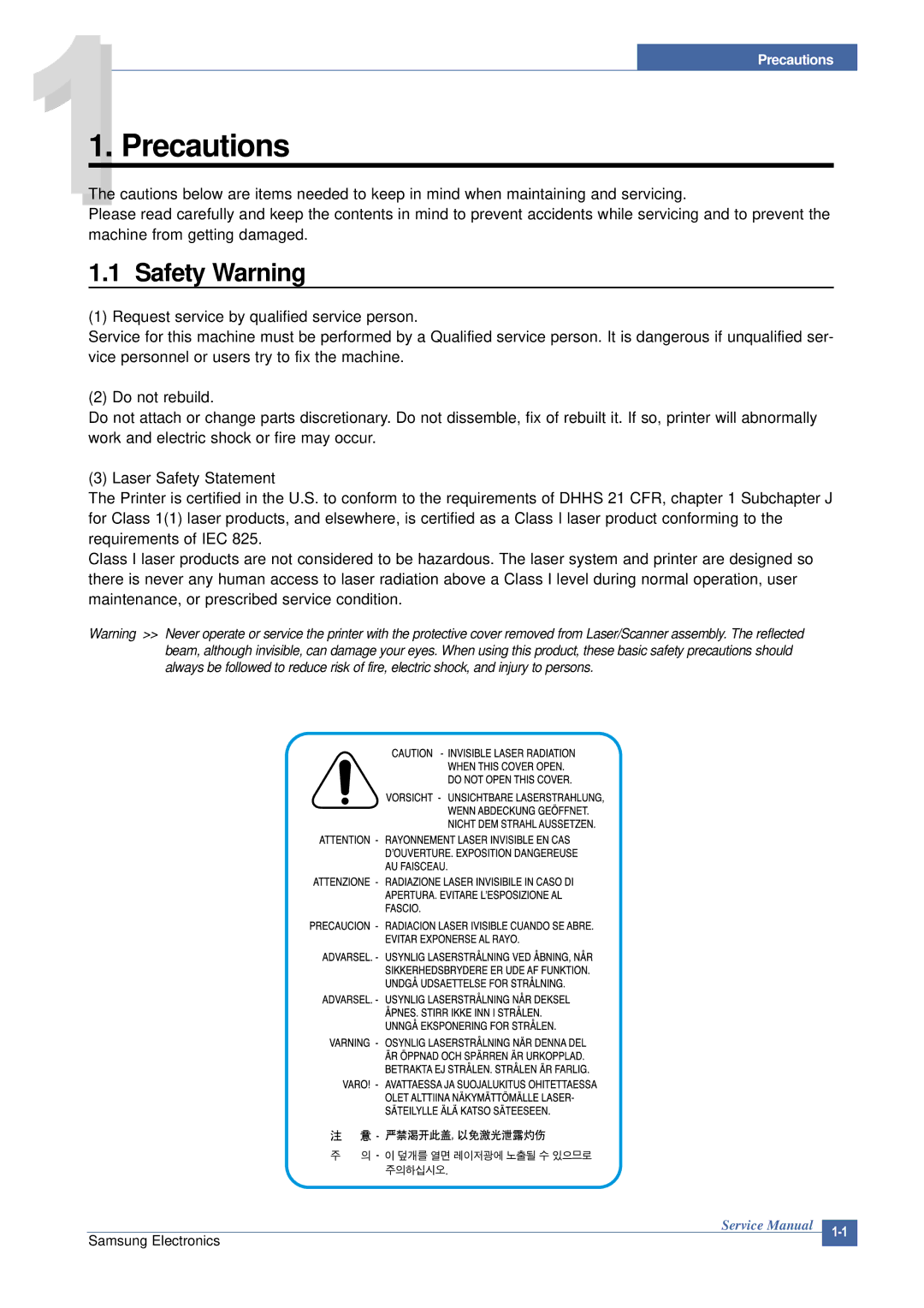 Samsung ML-2015/XEV manual Precautions, Safety Warning 