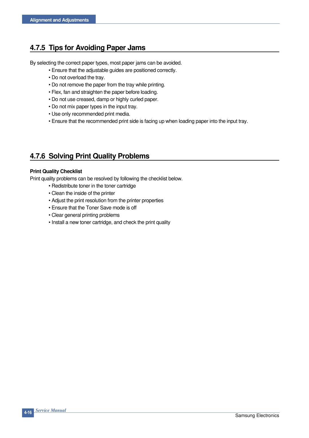 Samsung ML-2015/XEV manual Tips for Avoiding Paper Jams, Solving Print Quality Problems, Print Quality Checklist 