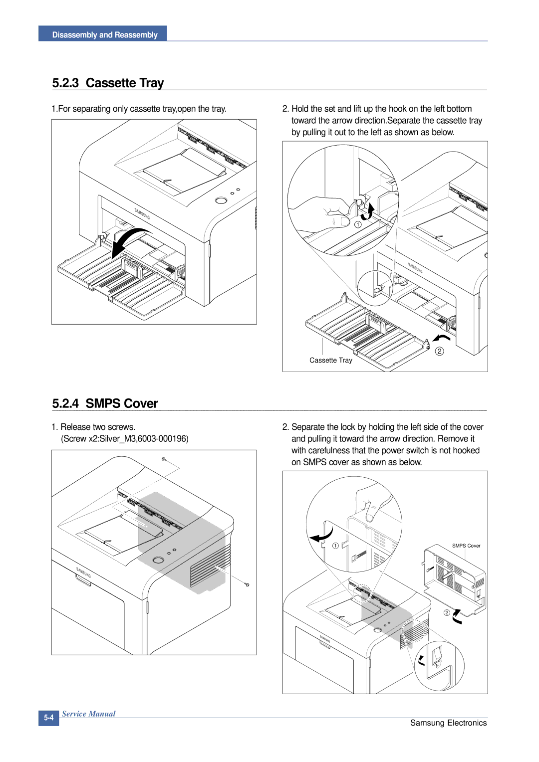 Samsung ML-2015/XEV manual Cassette Tray, Smps Cover 