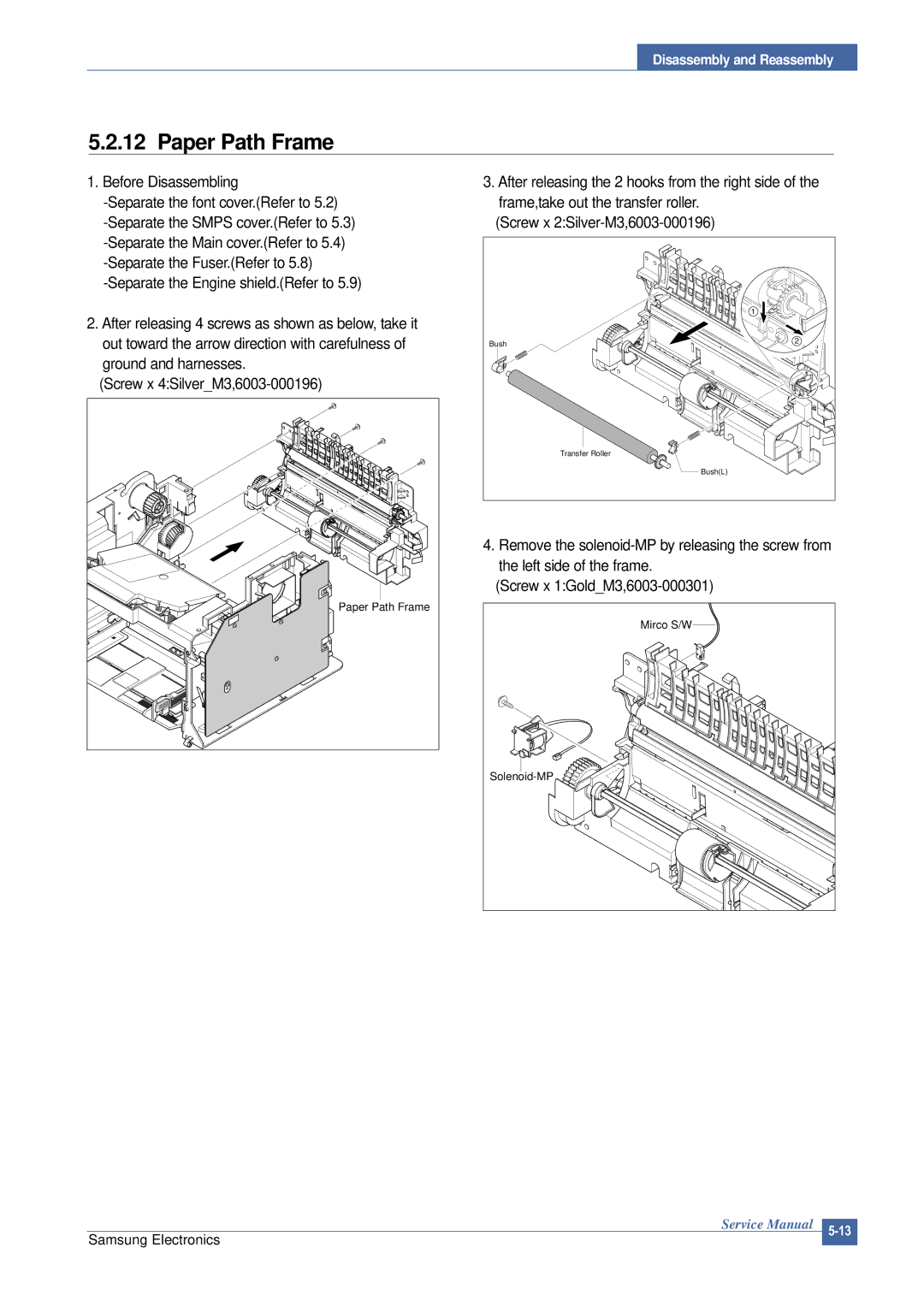 Samsung ML-2015/XEV manual Paper Path Frame 