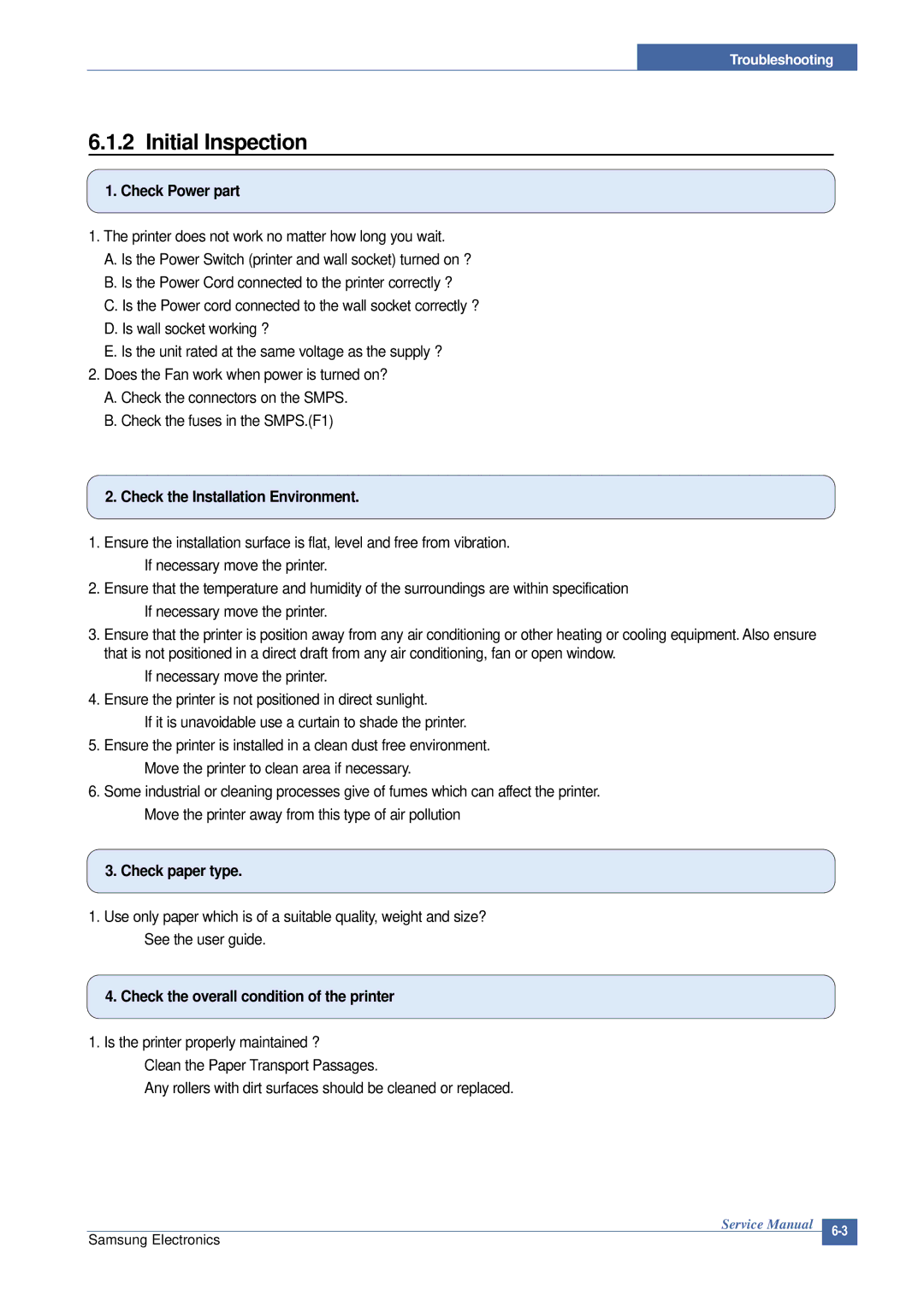 Samsung ML-2015/XEV manual Initial Inspection, Check Power part, Check the Installation Environment, Check paper type 