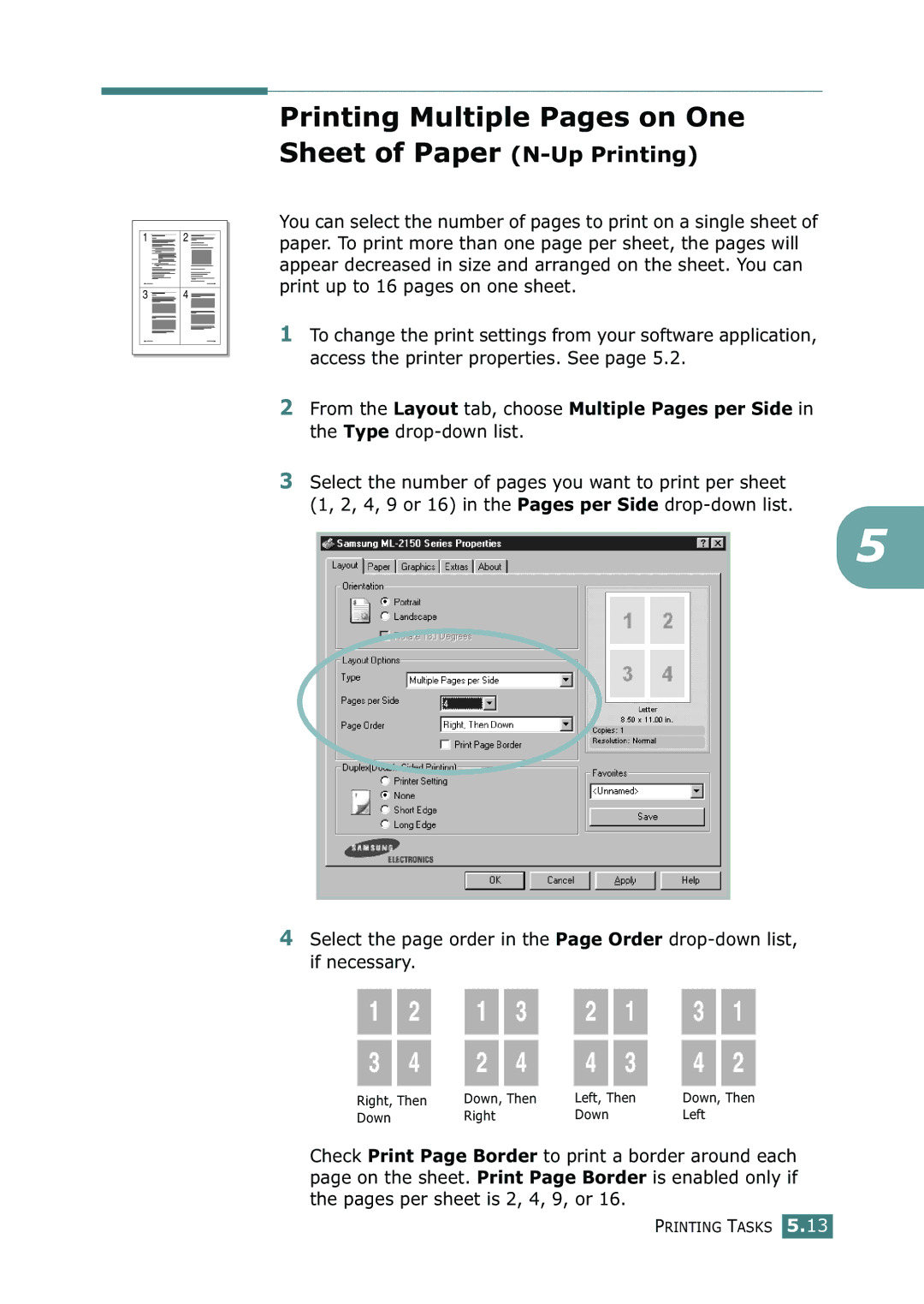 Samsung ML-2150 manual Printing Multiple Pages on One Sheet of Paper N-Up Printing 