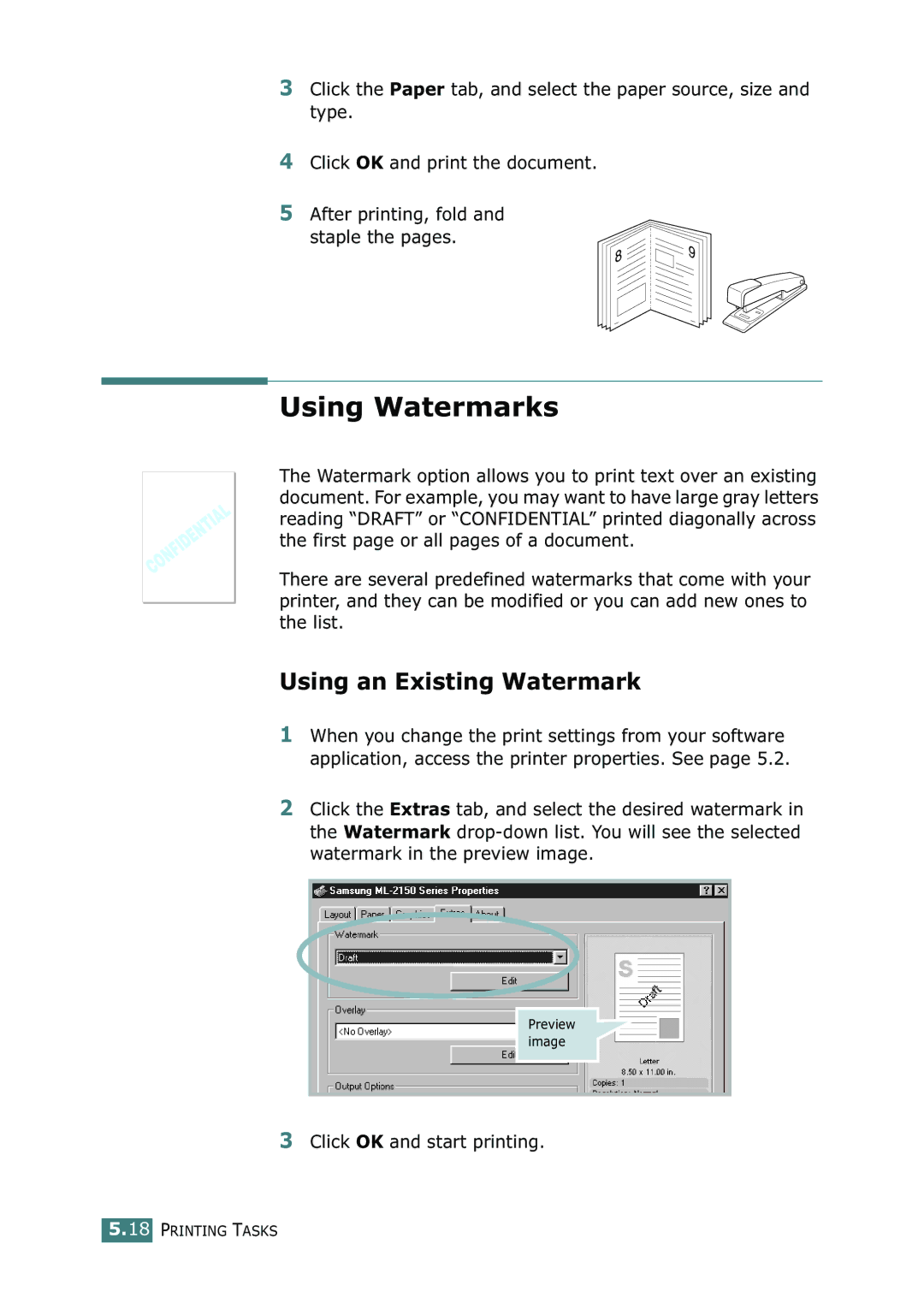 Samsung ML-2150 manual Using Watermarks, Using an Existing Watermark, Click OK and start printing 