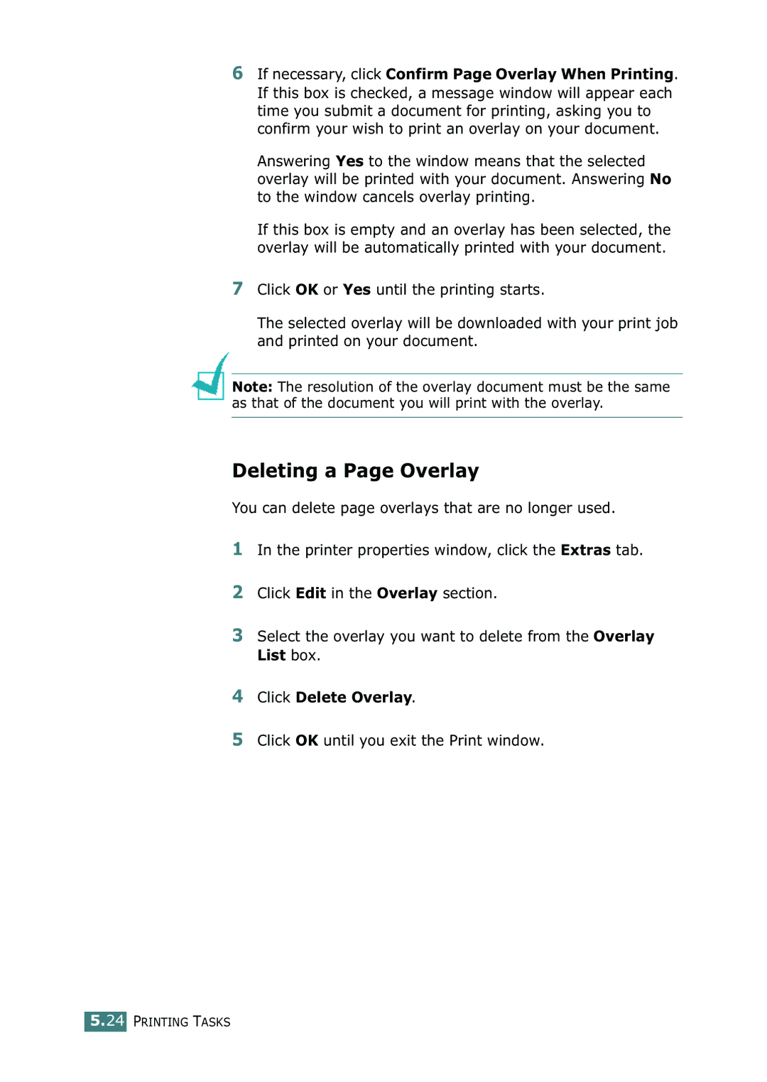 Samsung ML-2150 manual Deleting a Page Overlay, Click Delete Overlay, Click OK until you exit the Print window 