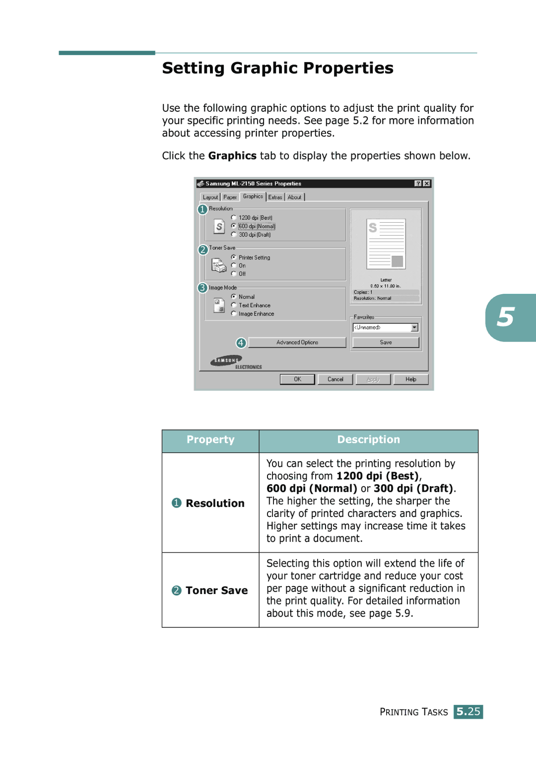 Samsung ML-2150 manual Setting Graphic Properties, Dpi Normal or 300 dpi Draft, Resolution, Toner Save 